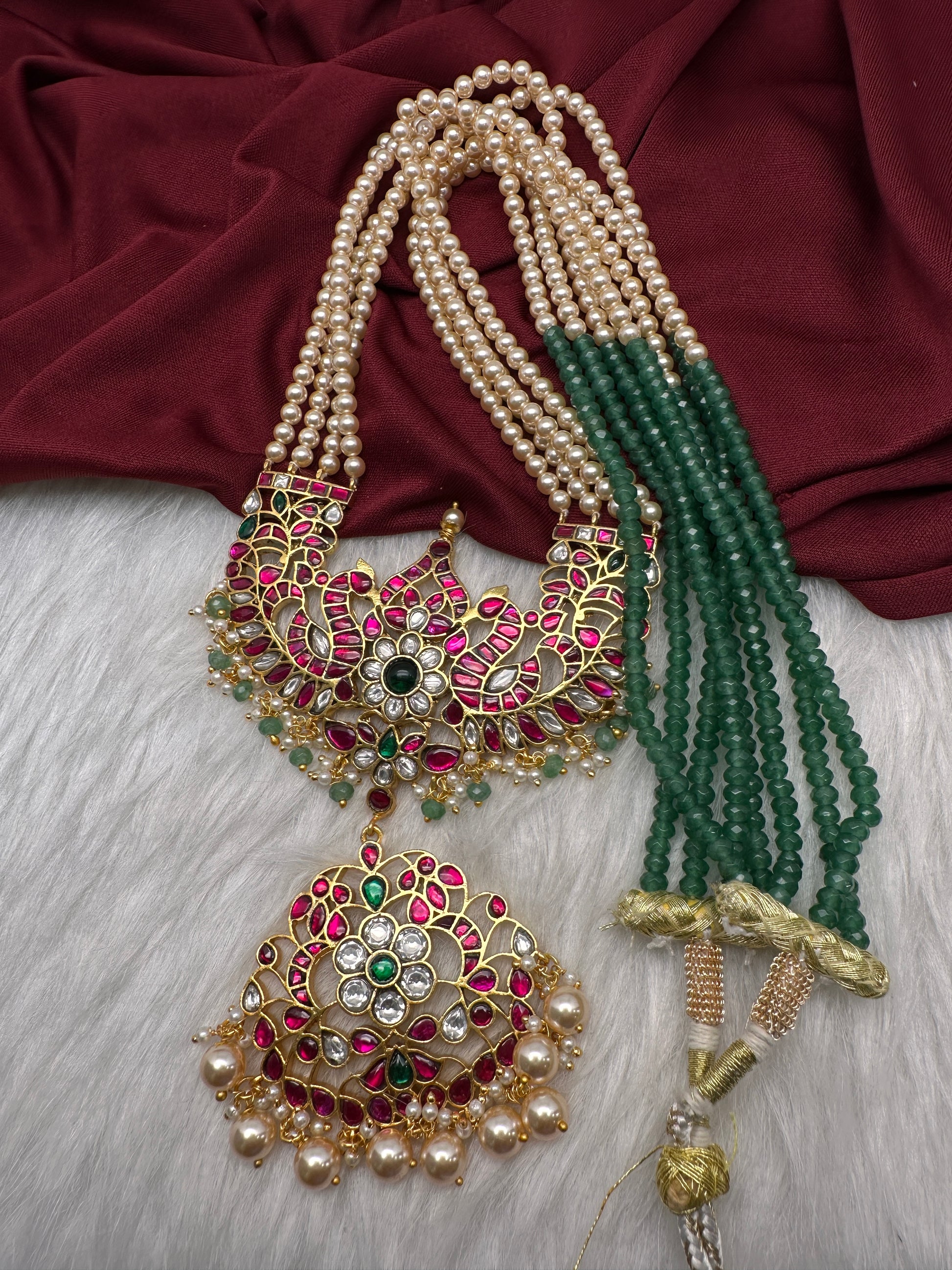 Jadau Kundan Long Rani Haar Necklace with Emerald Beads and Pearls - 