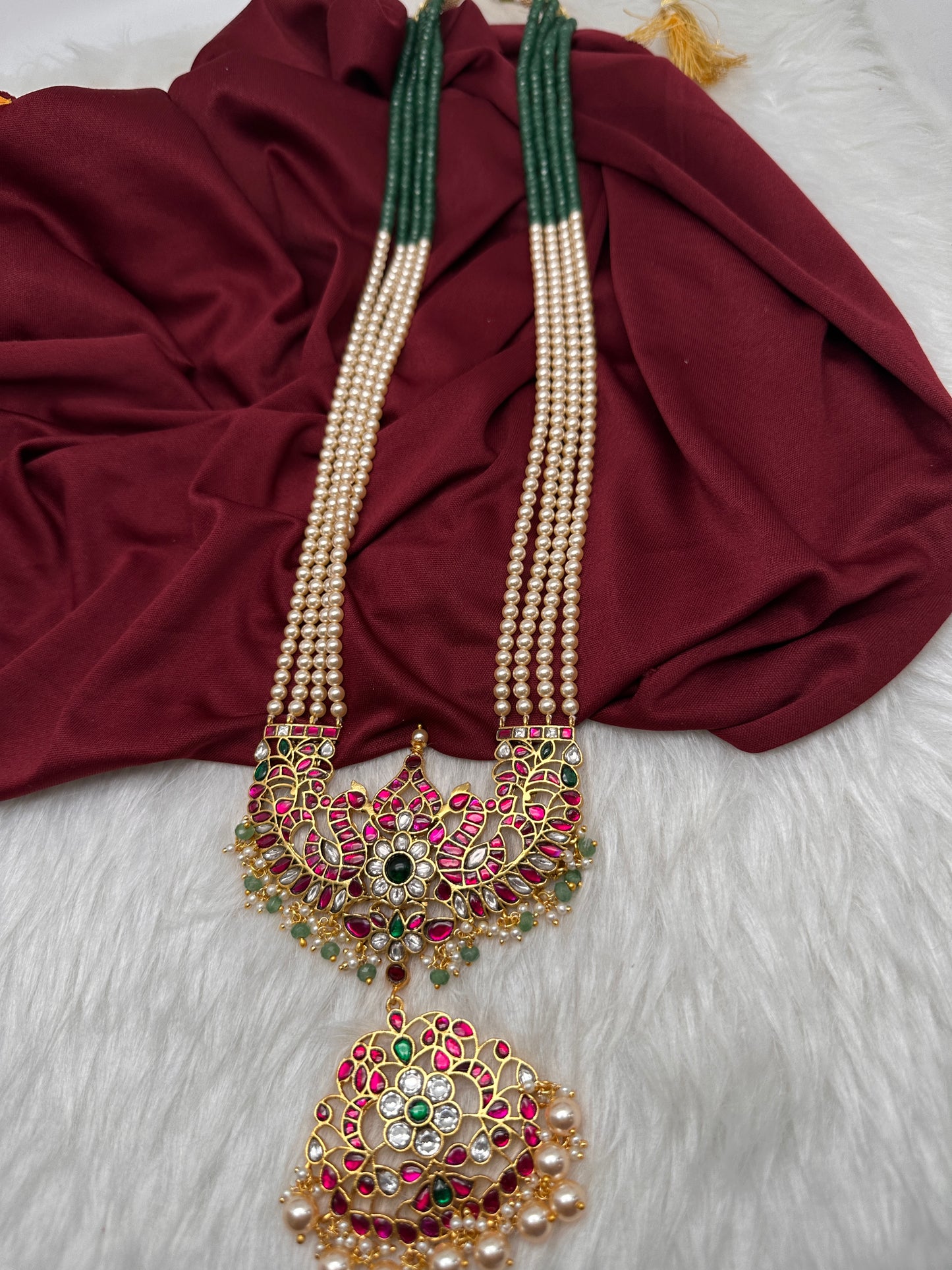 Jadau Kundan Long Rani Haar Necklace with Emerald Beads and Pearls - 