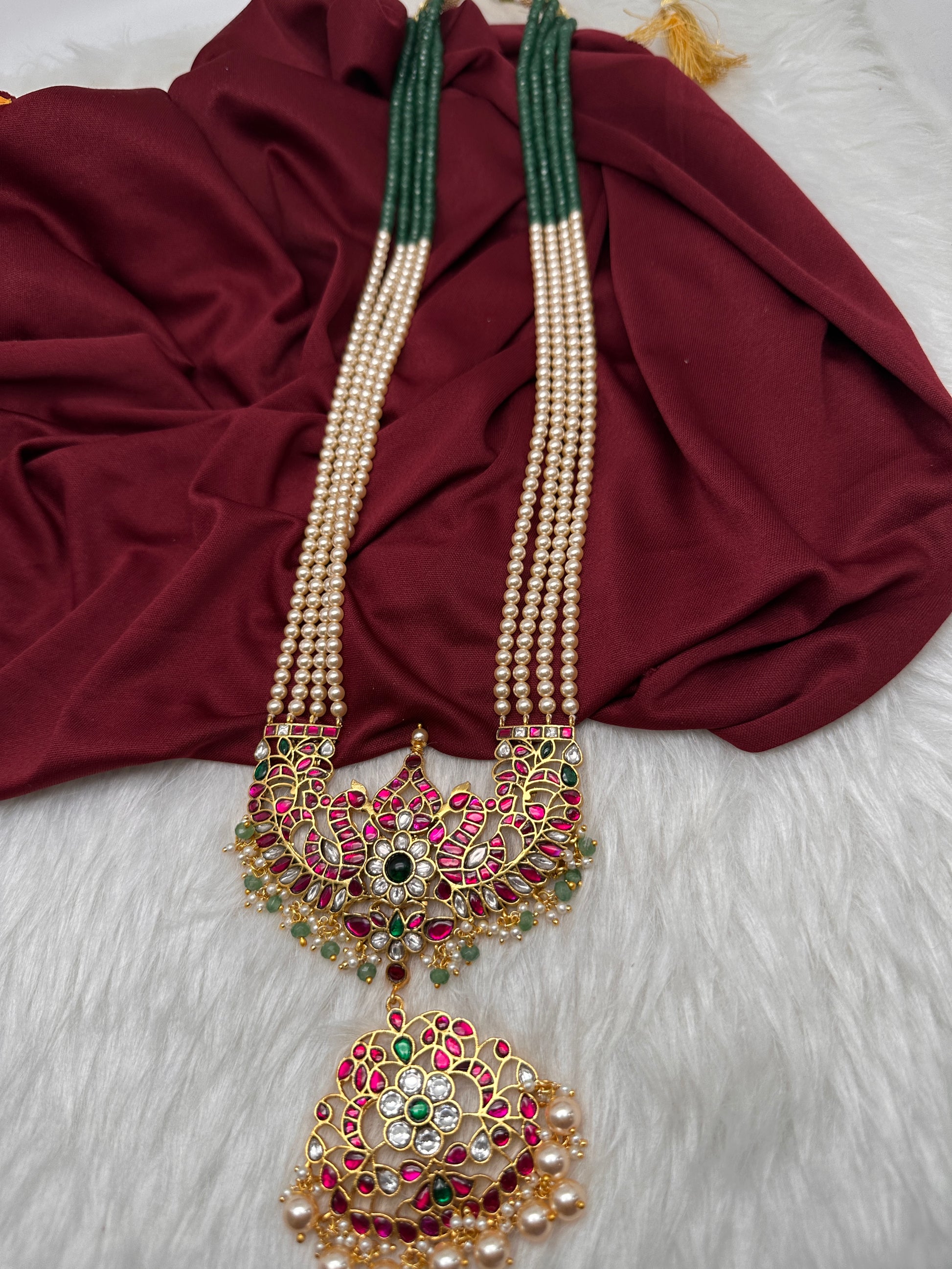 Jadau Kundan Long Rani Haar Necklace with Emerald Beads and Pearls - 