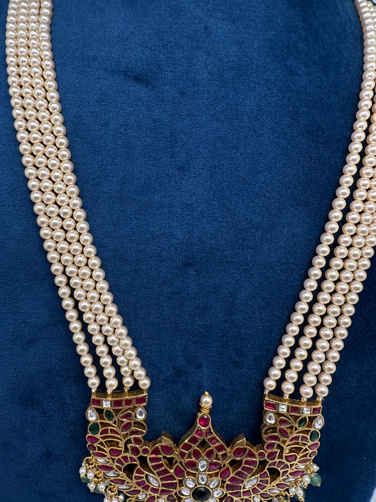 Jadau Kundan Long Rani Haar Necklace with Emerald Beads and Pearls - 