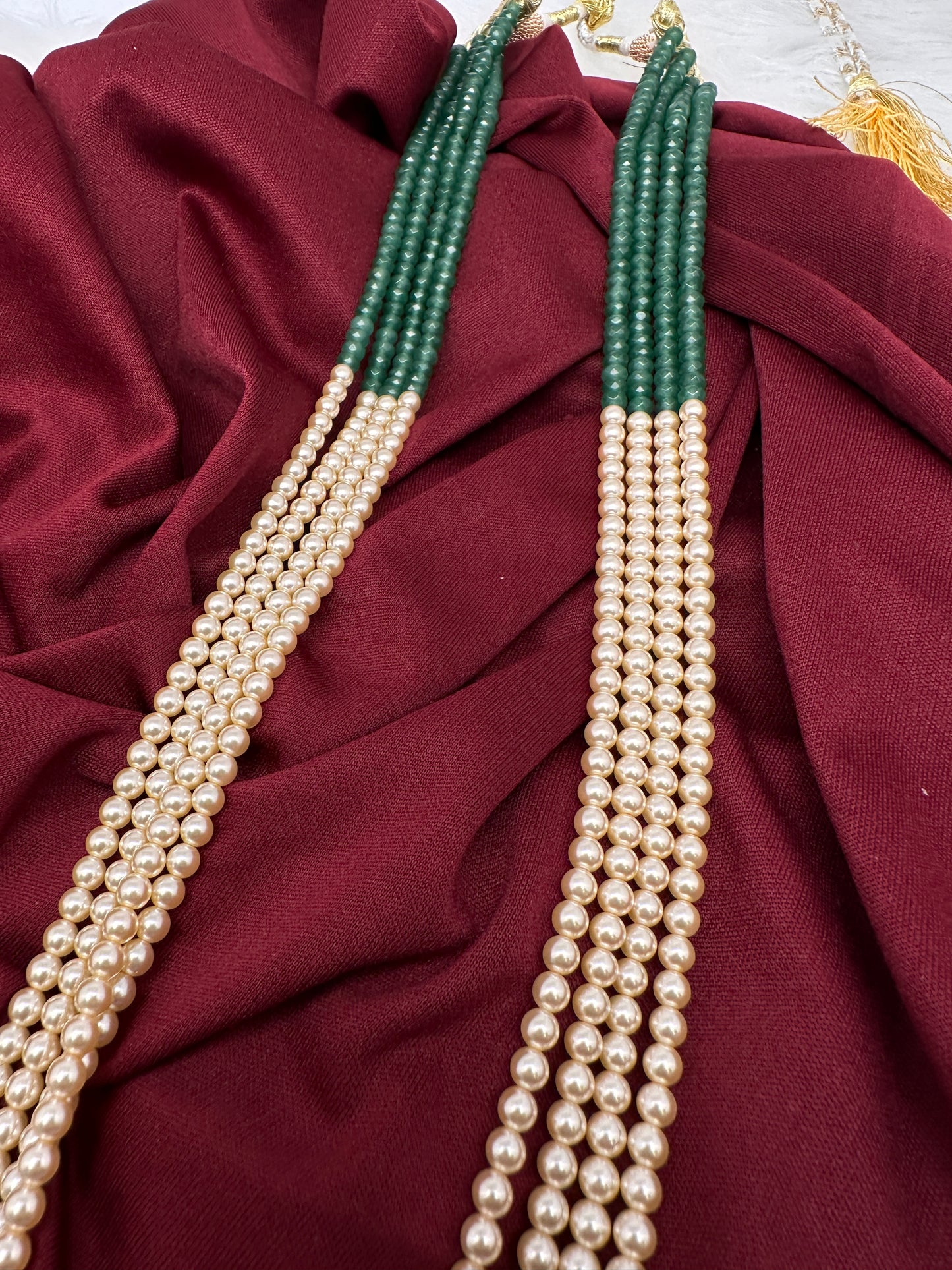 Jadau Kundan Long Rani Haar Necklace with Emerald Beads and Pearls - 