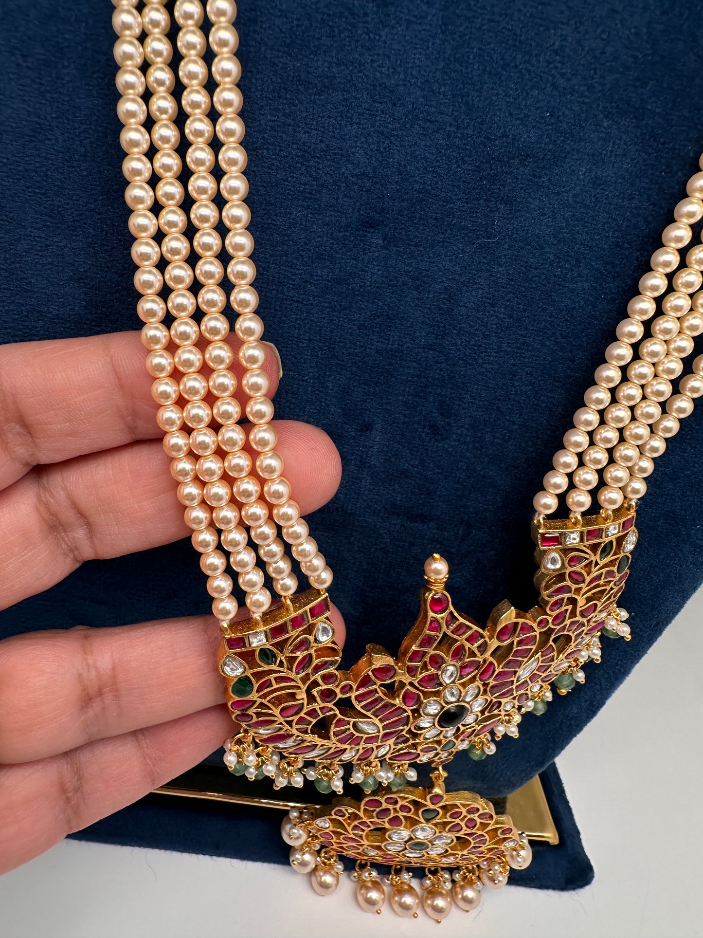 Jadau Kundan Long Rani Haar Necklace with Emerald Beads and Pearls - 