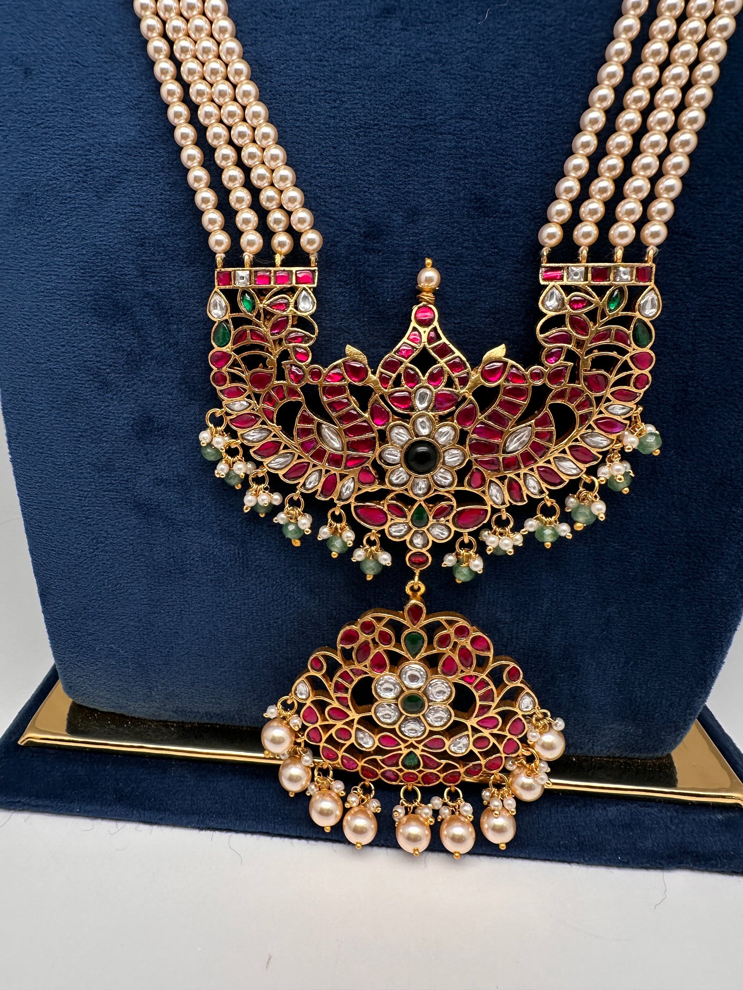 Jadau Kundan Long Rani Haar Necklace with Emerald Beads and Pearls - 