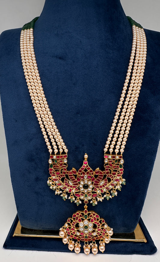 Jadau Kundan Long Rani Haar Necklace with Emerald Beads and Pearls - 