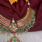 Jadau Kundan Short Necklace with Emerald Beads and Pearls - 