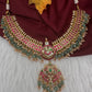 Jadau Kundan Short Necklace with Emerald Beads and Pearls - 