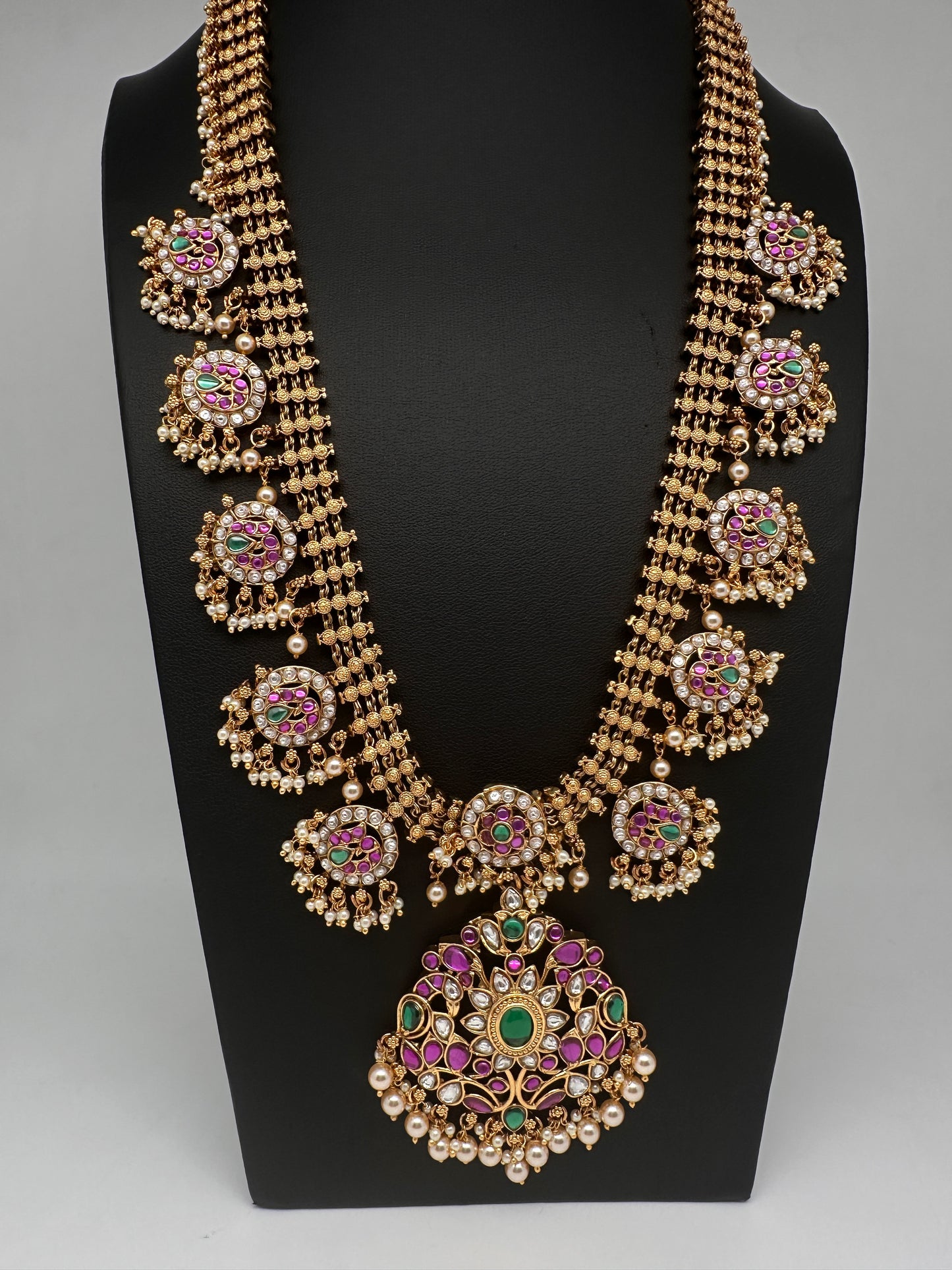 Jadau Kundan Potta Stones Long Necklace with Jhumkas - 