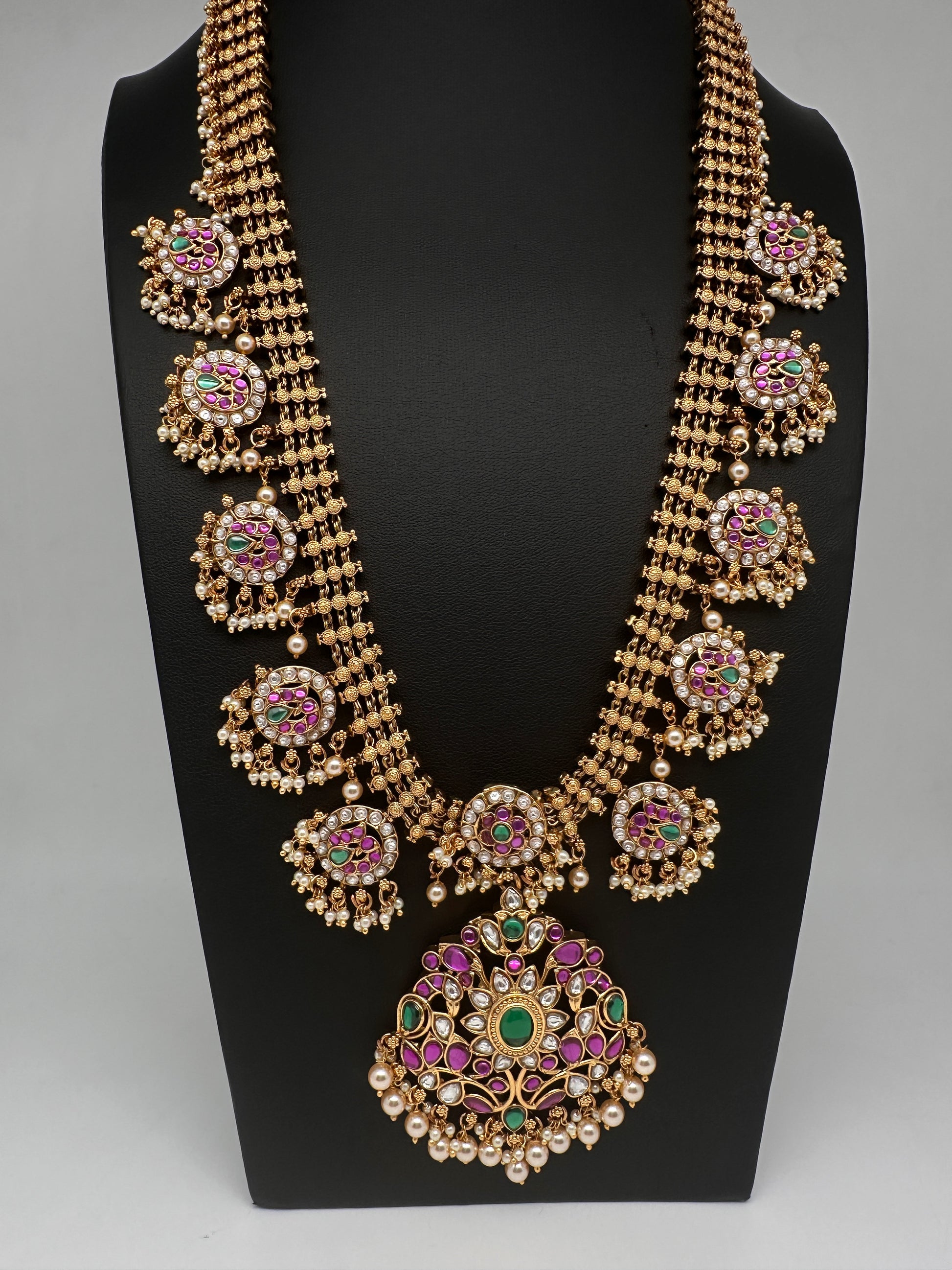 Jadau Kundan Potta Stones Long Necklace with Jhumkas - 