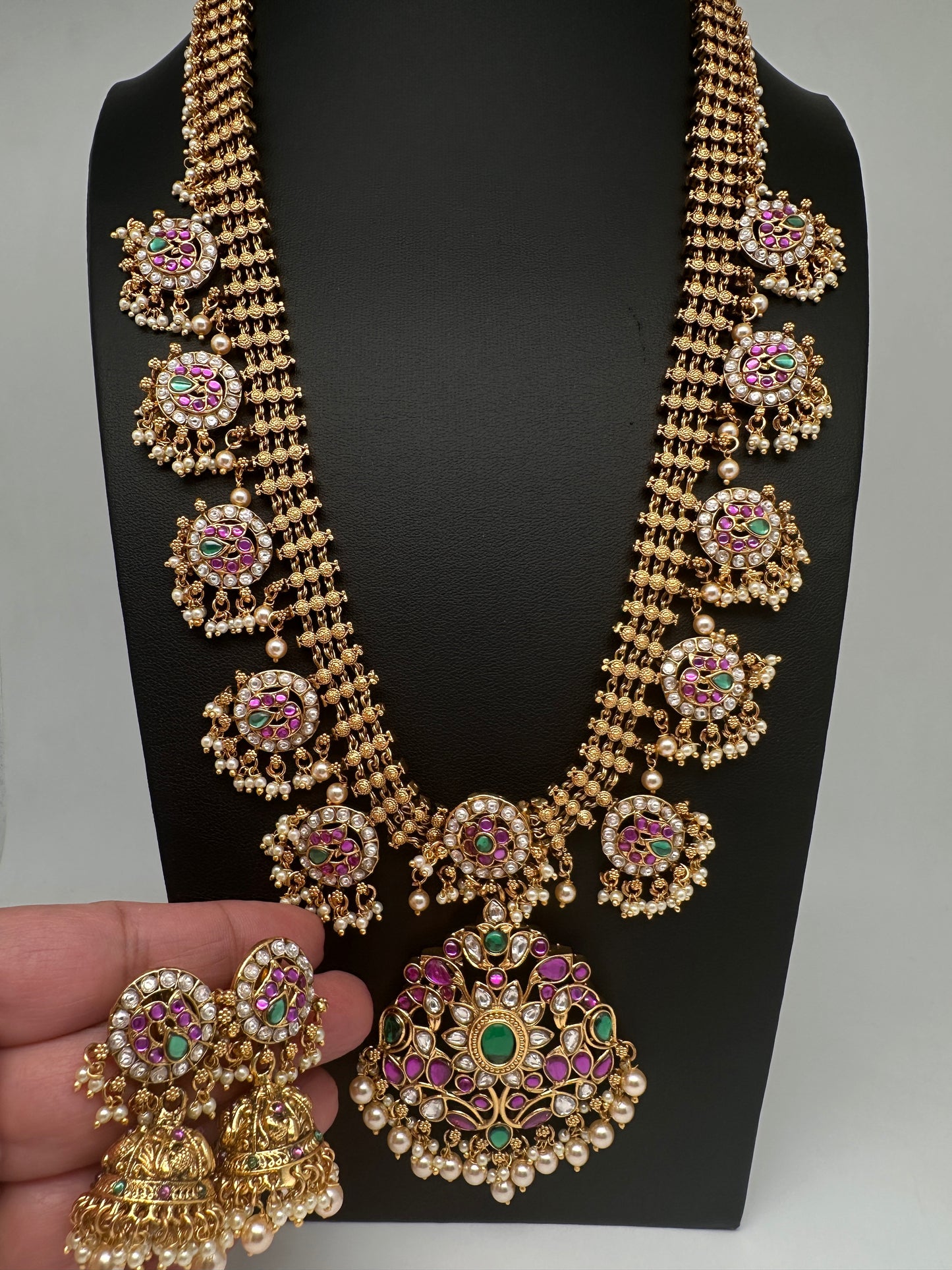 Jadau Kundan Potta Stones Long Necklace with Jhumkas - 