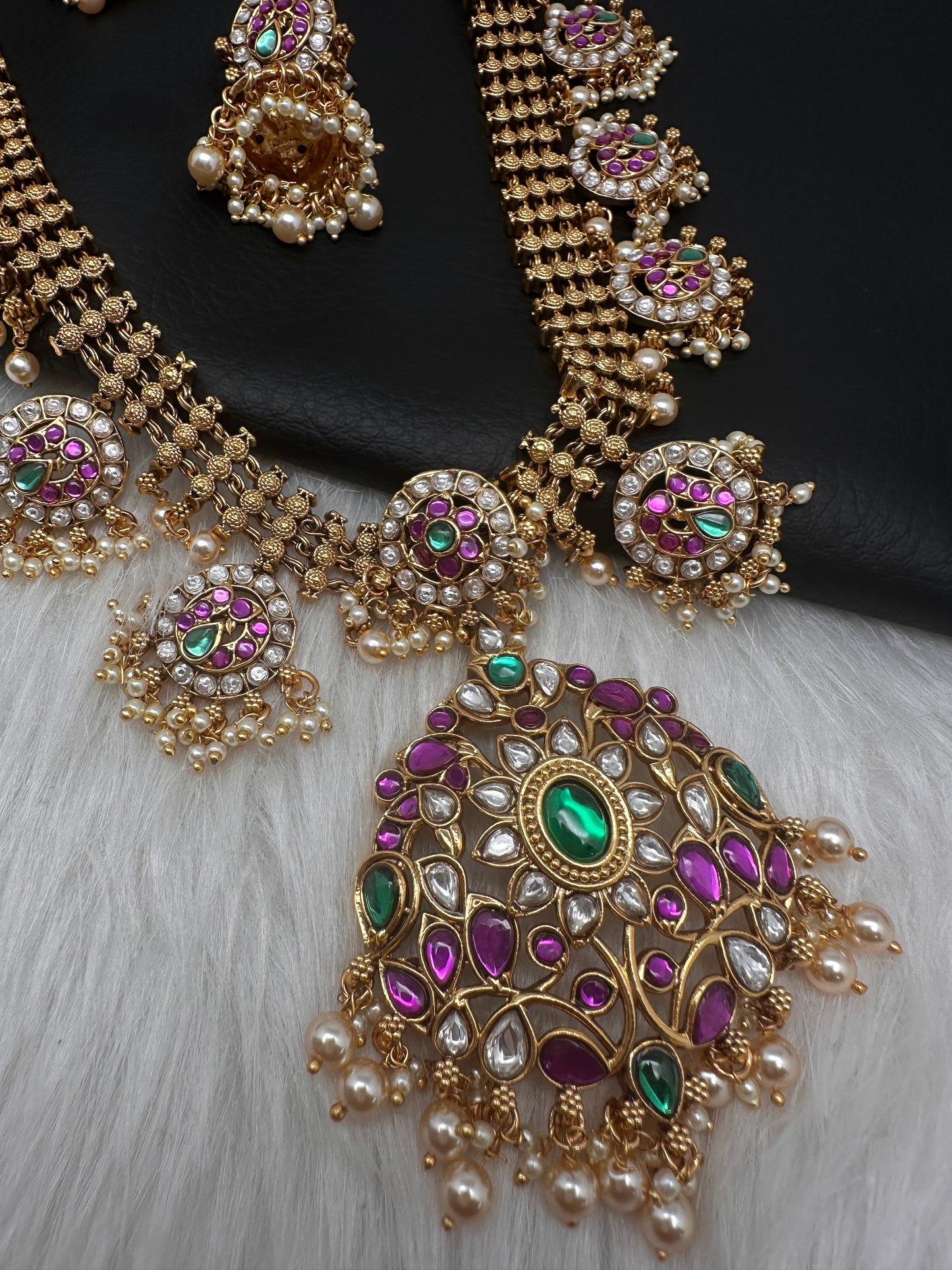 Jadau Kundan Potta Stones Long Necklace with Jhumkas - 