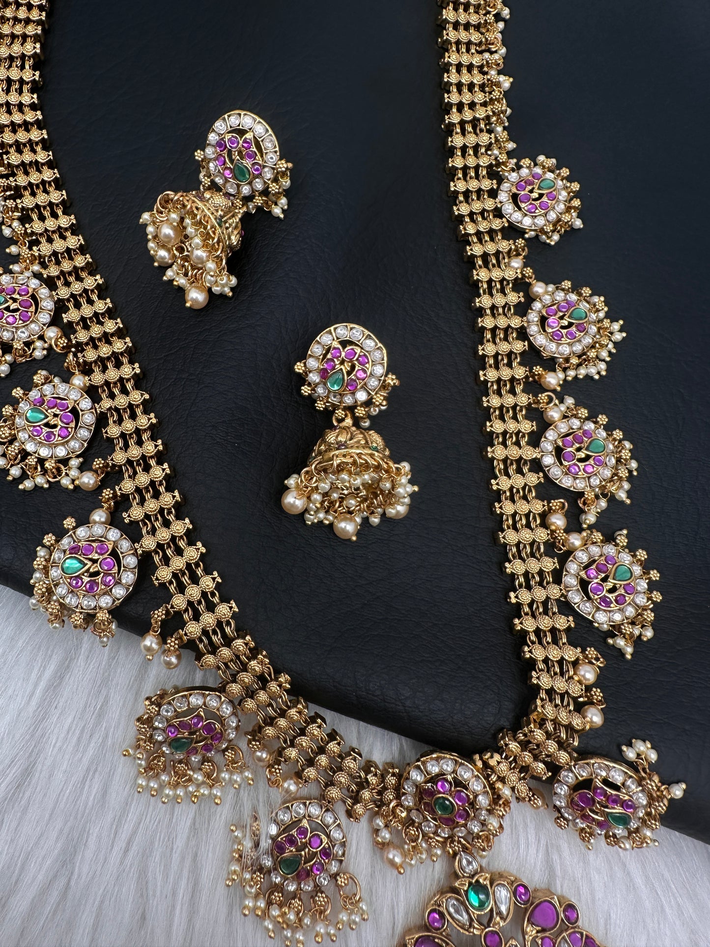 Jadau Kundan Potta Stones Long Necklace with Jhumkas - 