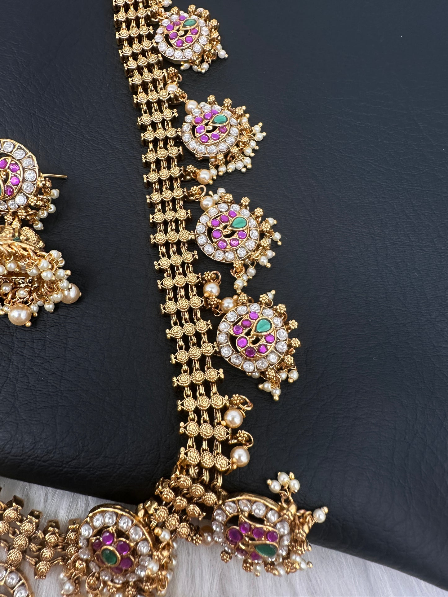 Jadau Kundan Potta Stones Long Necklace with Jhumkas - 