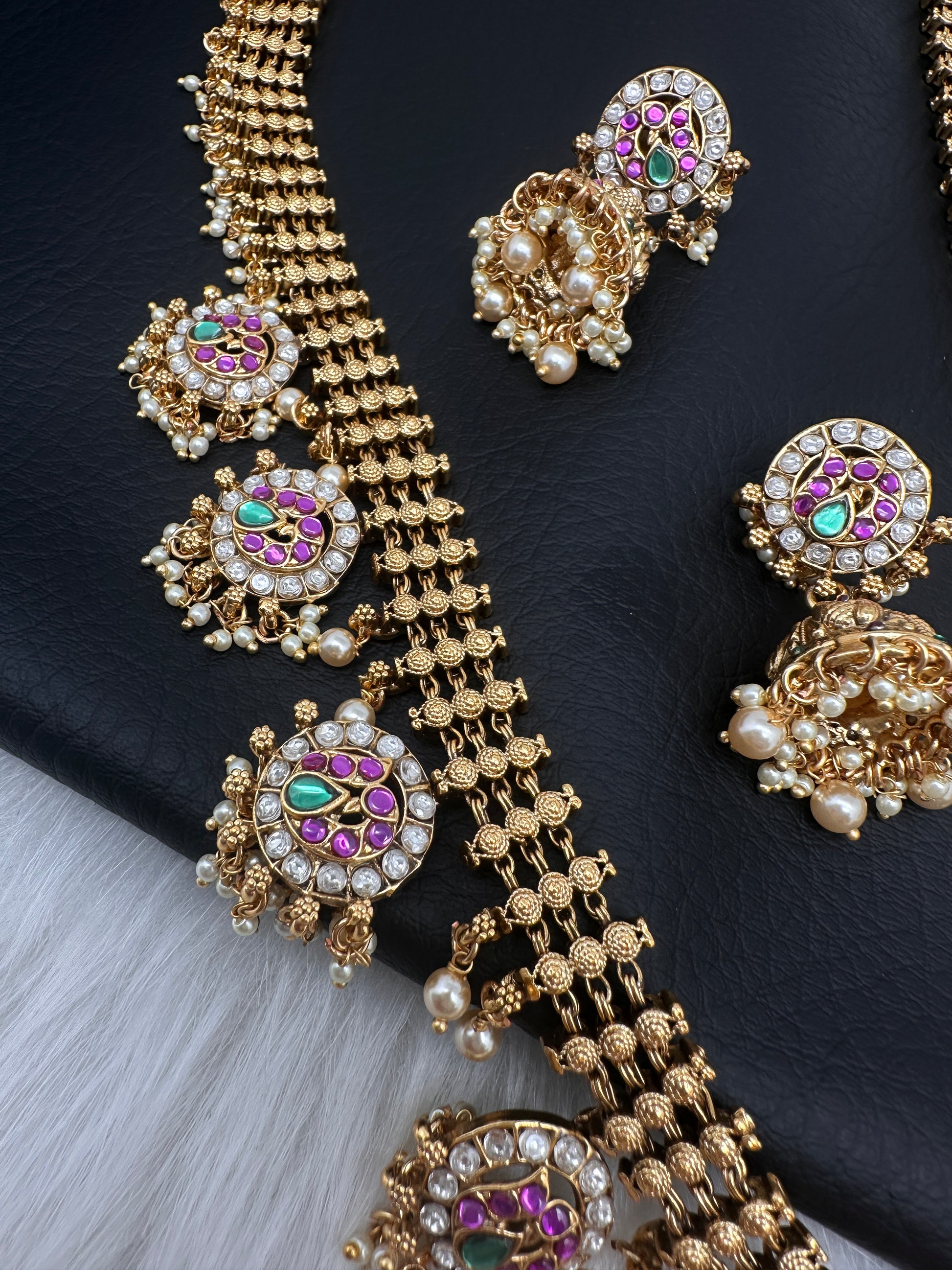 Jadau Kundan Potta Stones Long Necklace with Jhumkas - 