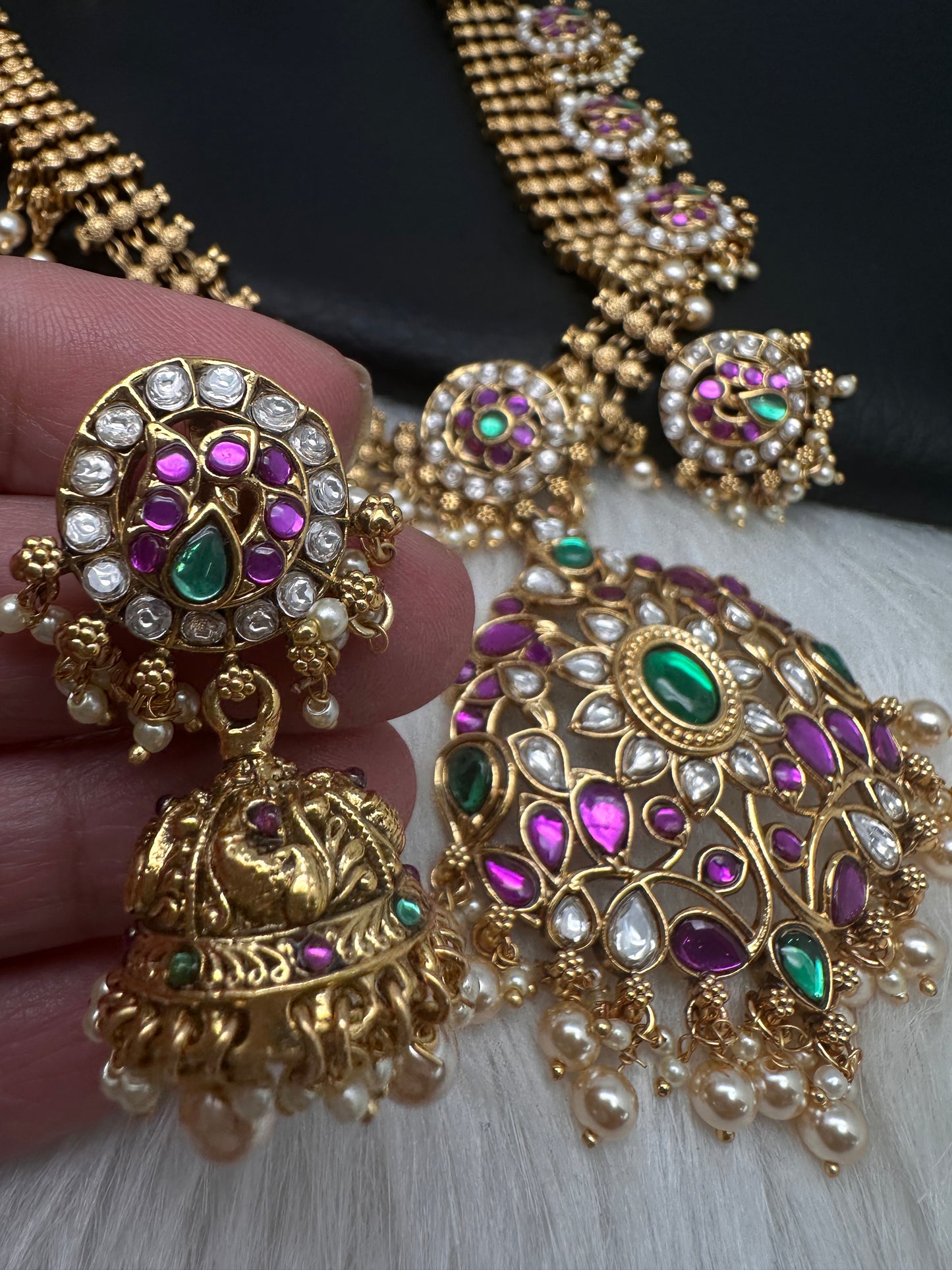 Jadau Kundan Potta Stones Long Necklace with Jhumkas - 