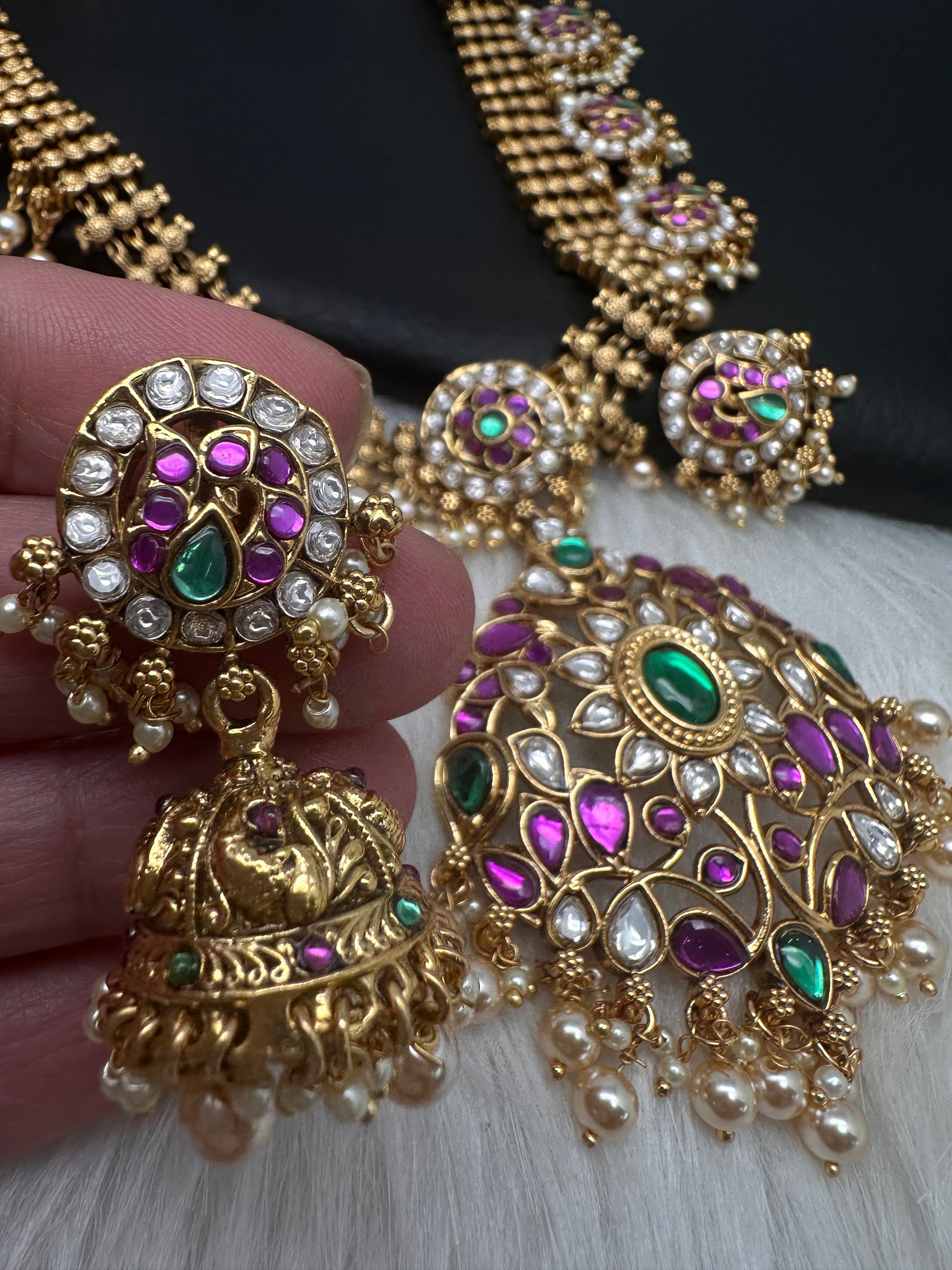 Jadau Kundan Potta Stones Long Necklace with Jhumkas - 