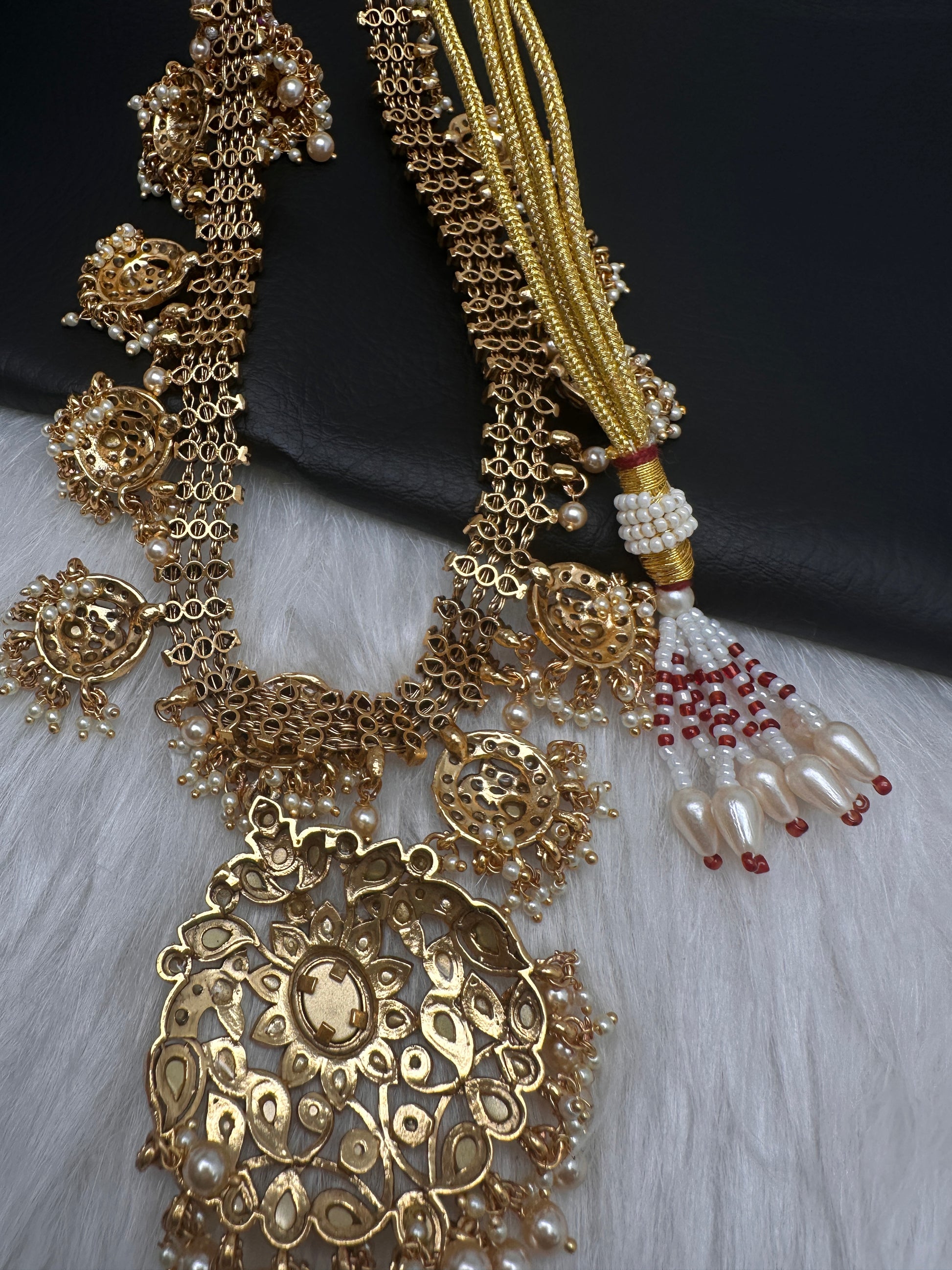 Jadau Kundan Potta Stones Long Necklace with Jhumkas - 