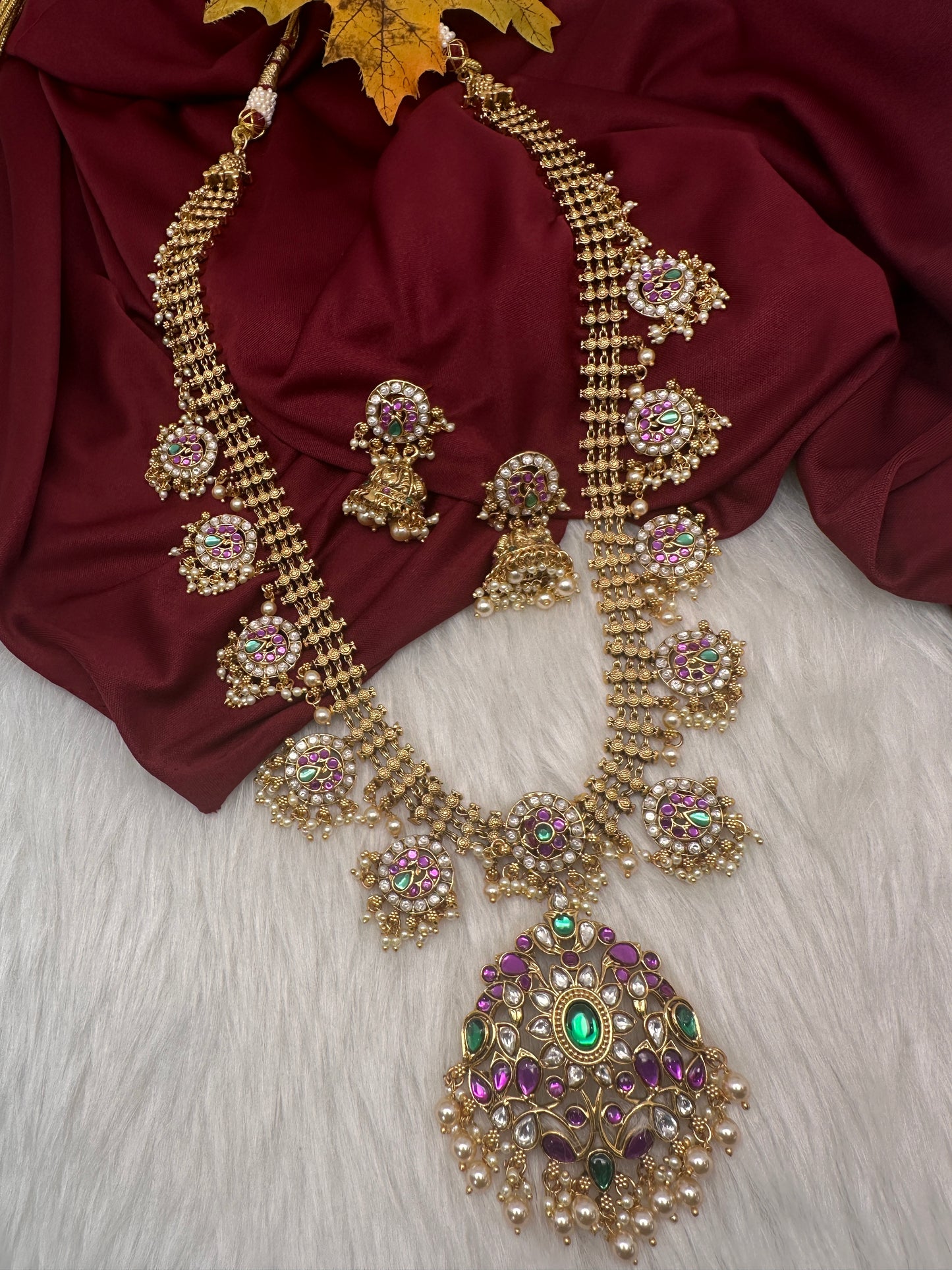 Jadau Kundan Potta Stones Long Necklace with Jhumkas - 