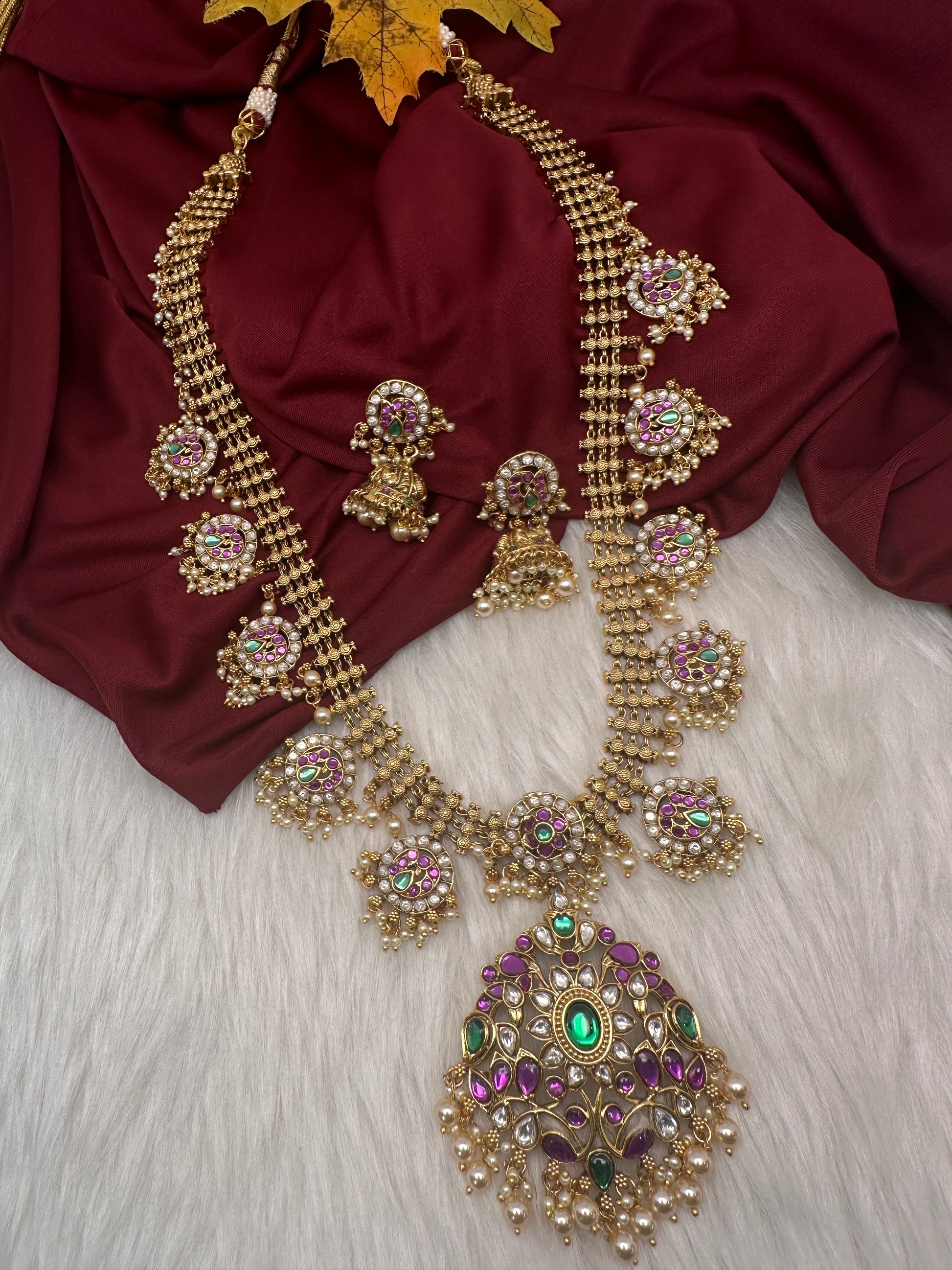 Jadau Kundan Potta Stones Long Necklace with Jhumkas - 