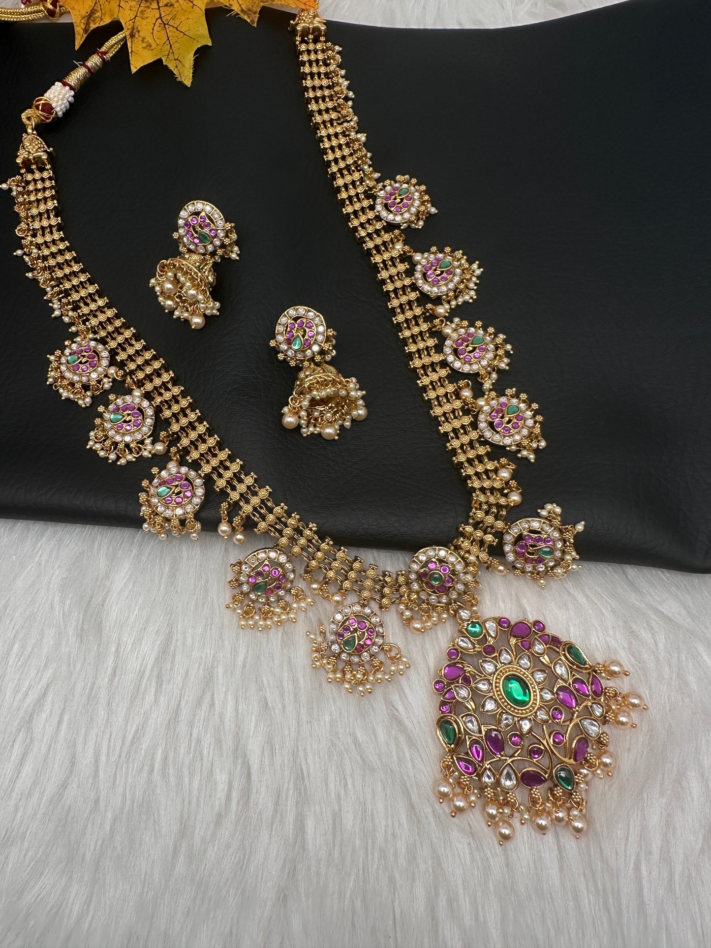 Jadau Kundan Potta Stones Long Necklace with Jhumkas - 