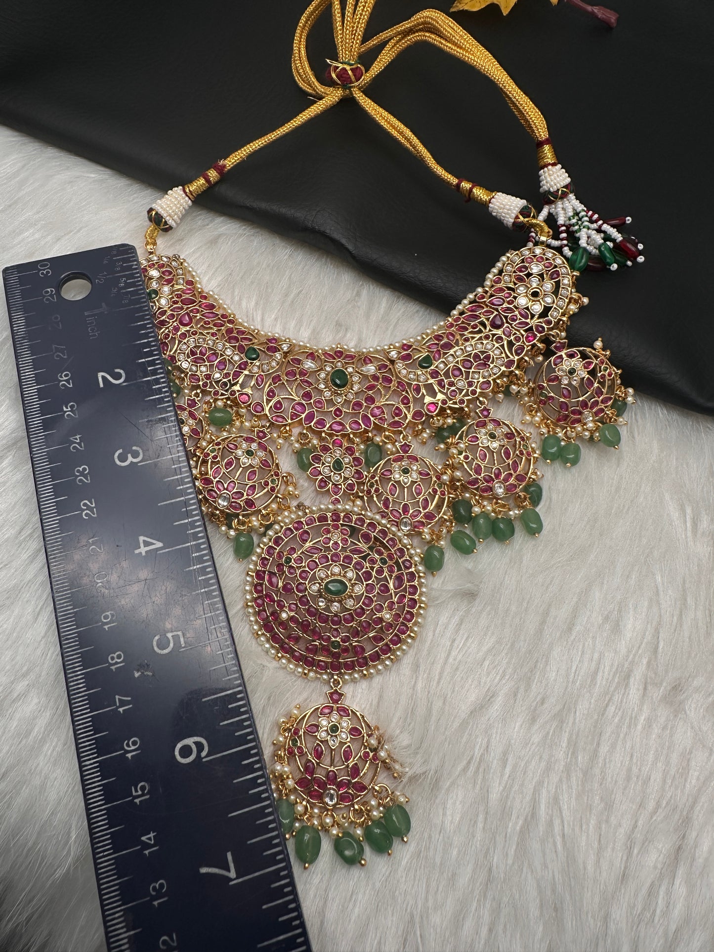 Jadau Kundan Potta Stones Statement Short Necklace with Earrings - 