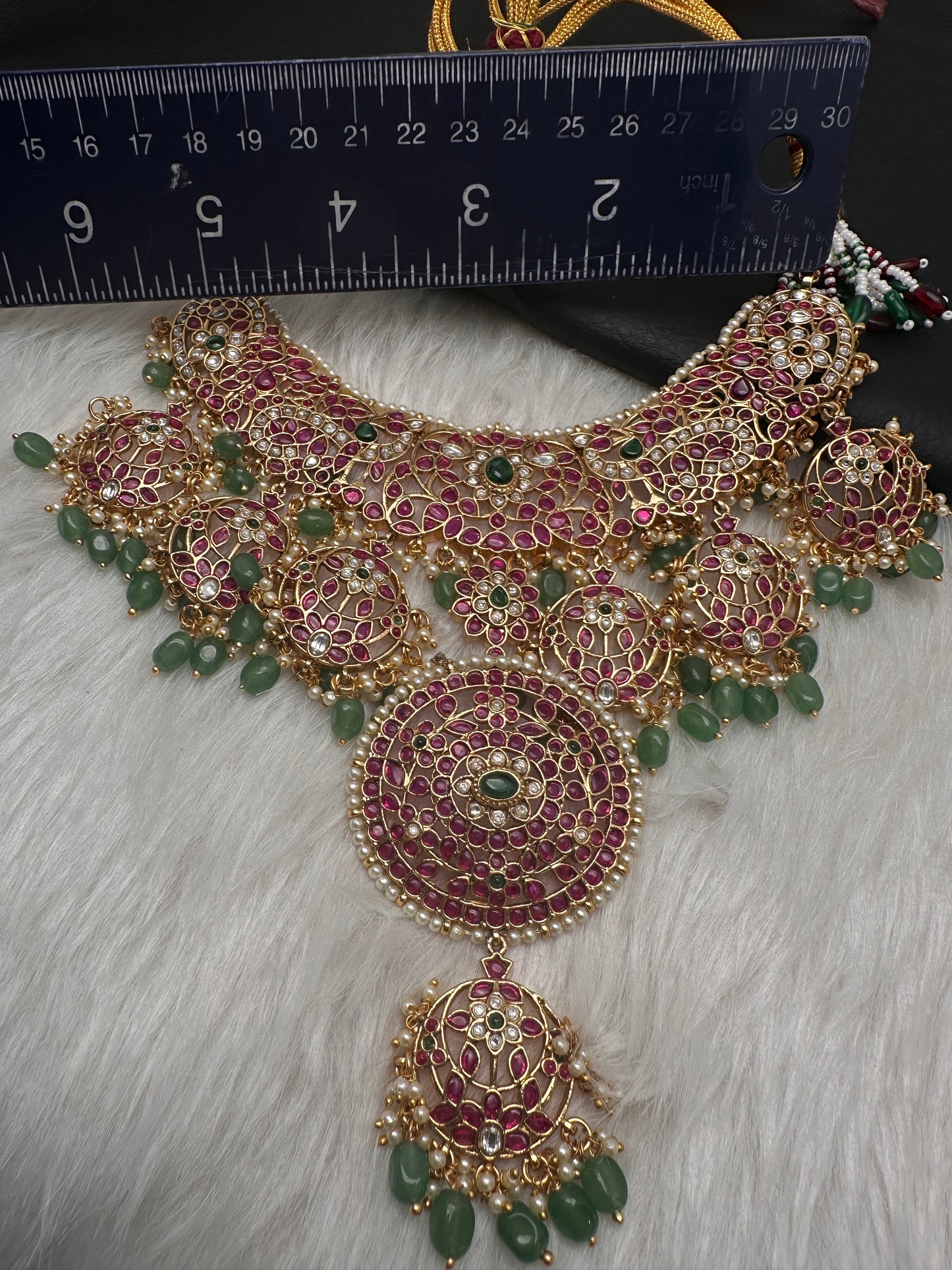 Jadau Kundan Potta Stones Statement Short Necklace with Earrings - 