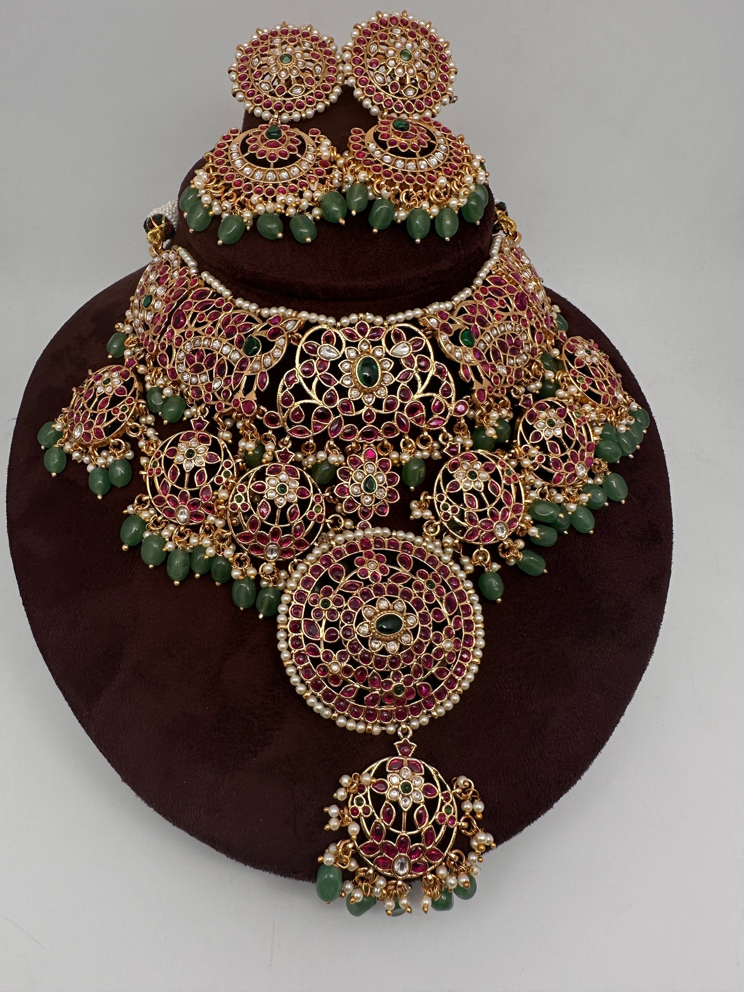 Jadau Kundan Potta Stones Statement Short Necklace with Earrings - 