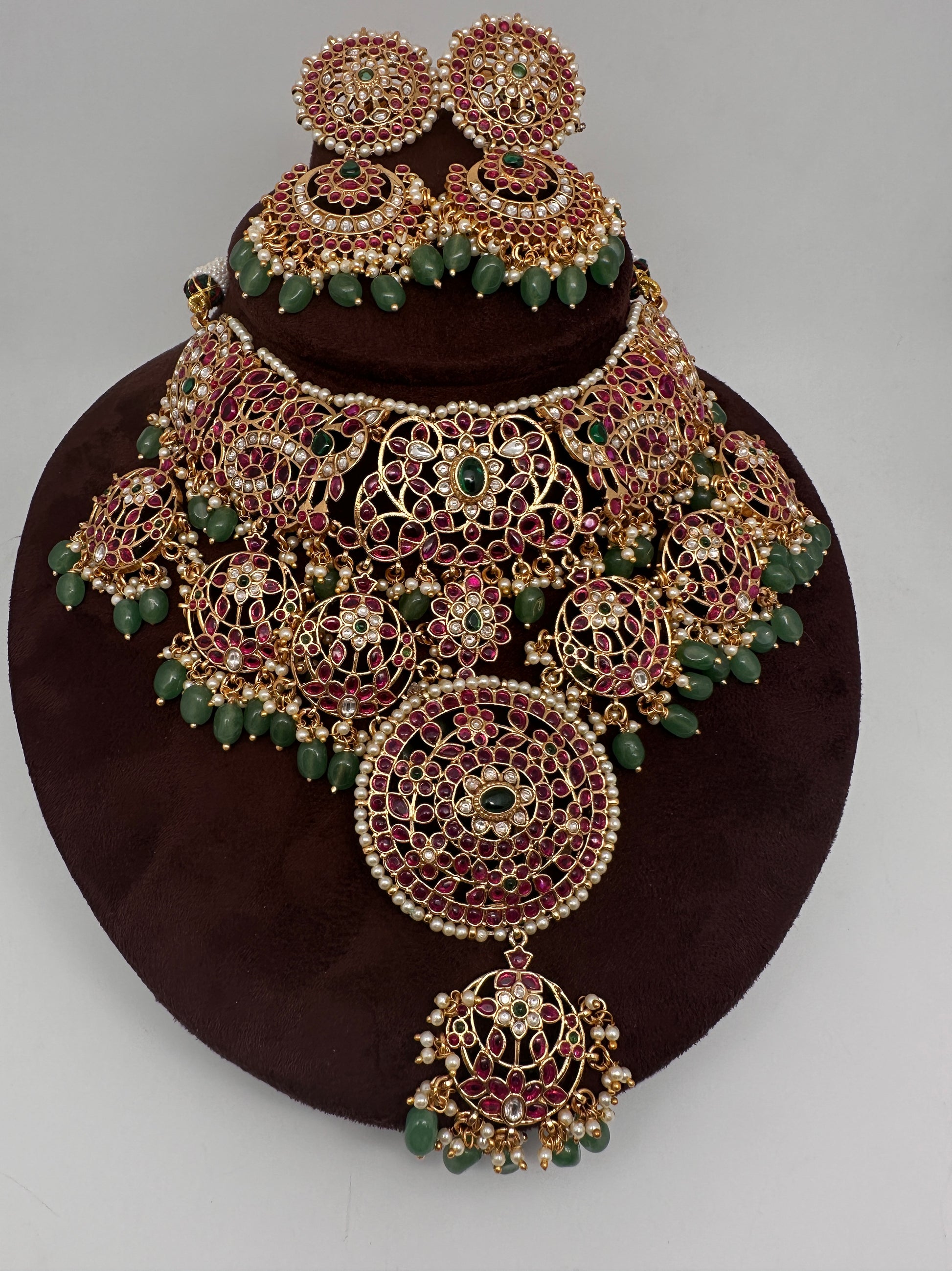 Jadau Kundan Potta Stones Statement Short Necklace with Earrings - 