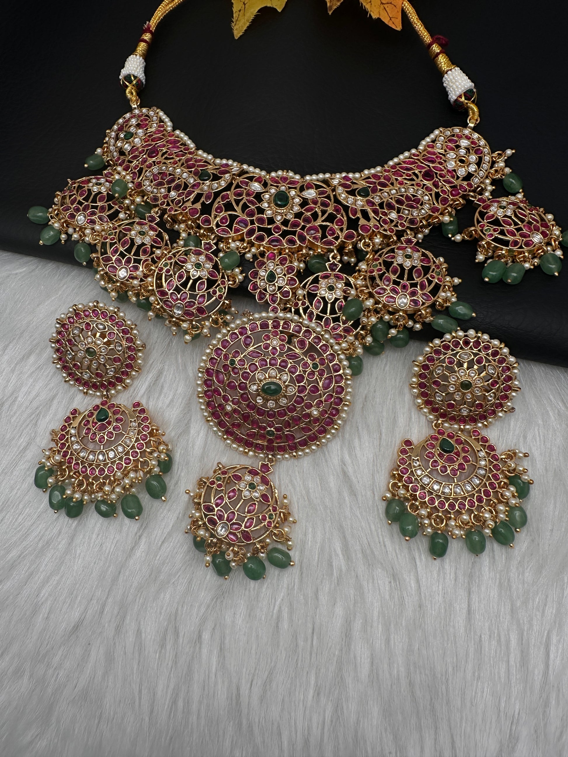 Jadau Kundan Potta Stones Statement Short Necklace with Earrings - 