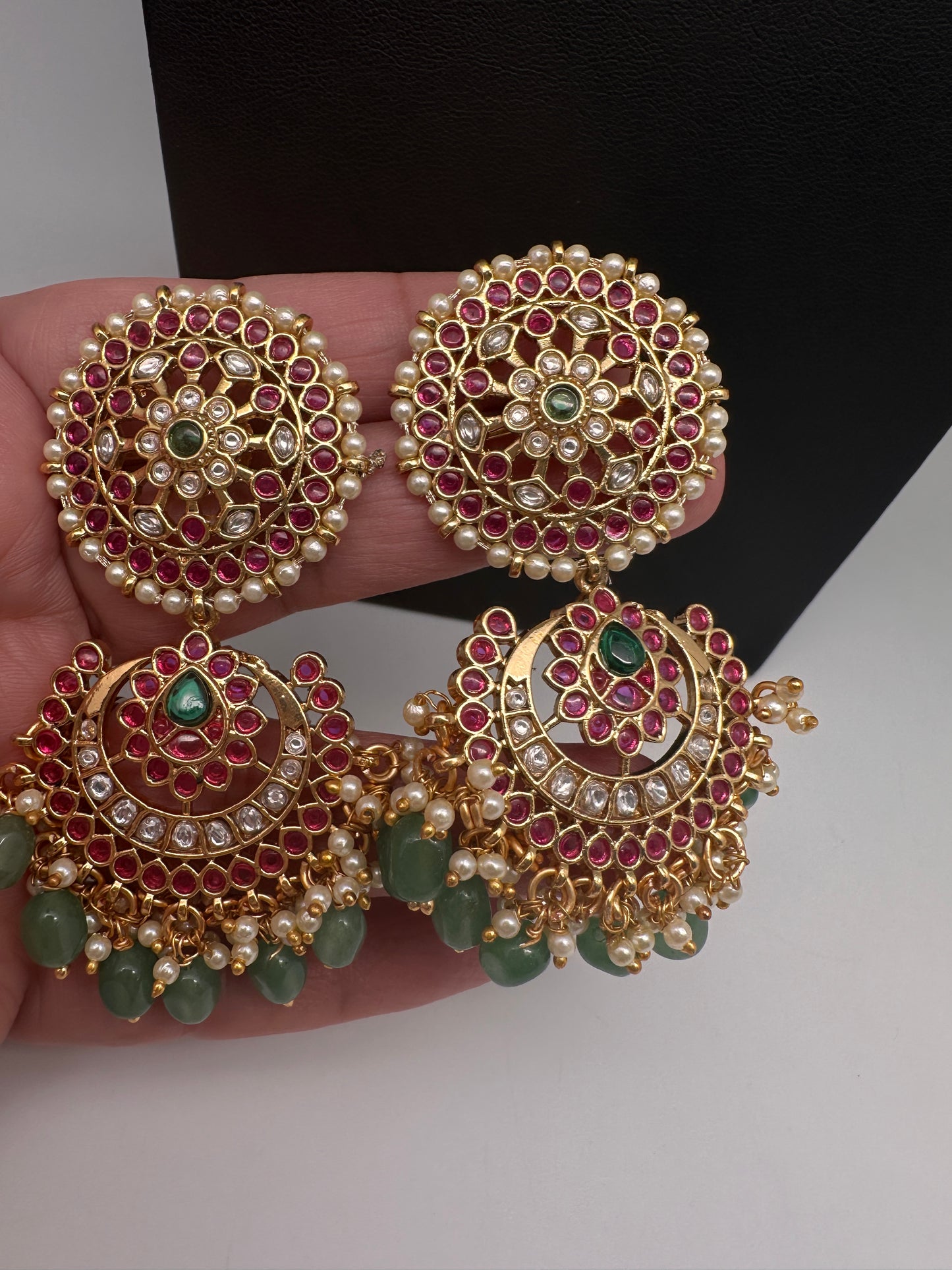 Jadau Kundan Potta Stones Statement Short Necklace with Earrings - 