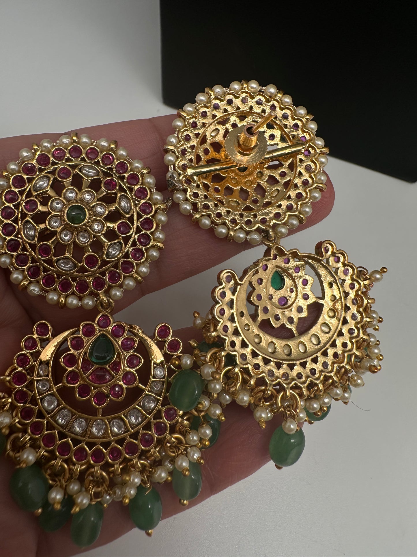 Jadau Kundan Potta Stones Statement Short Necklace with Earrings - 
