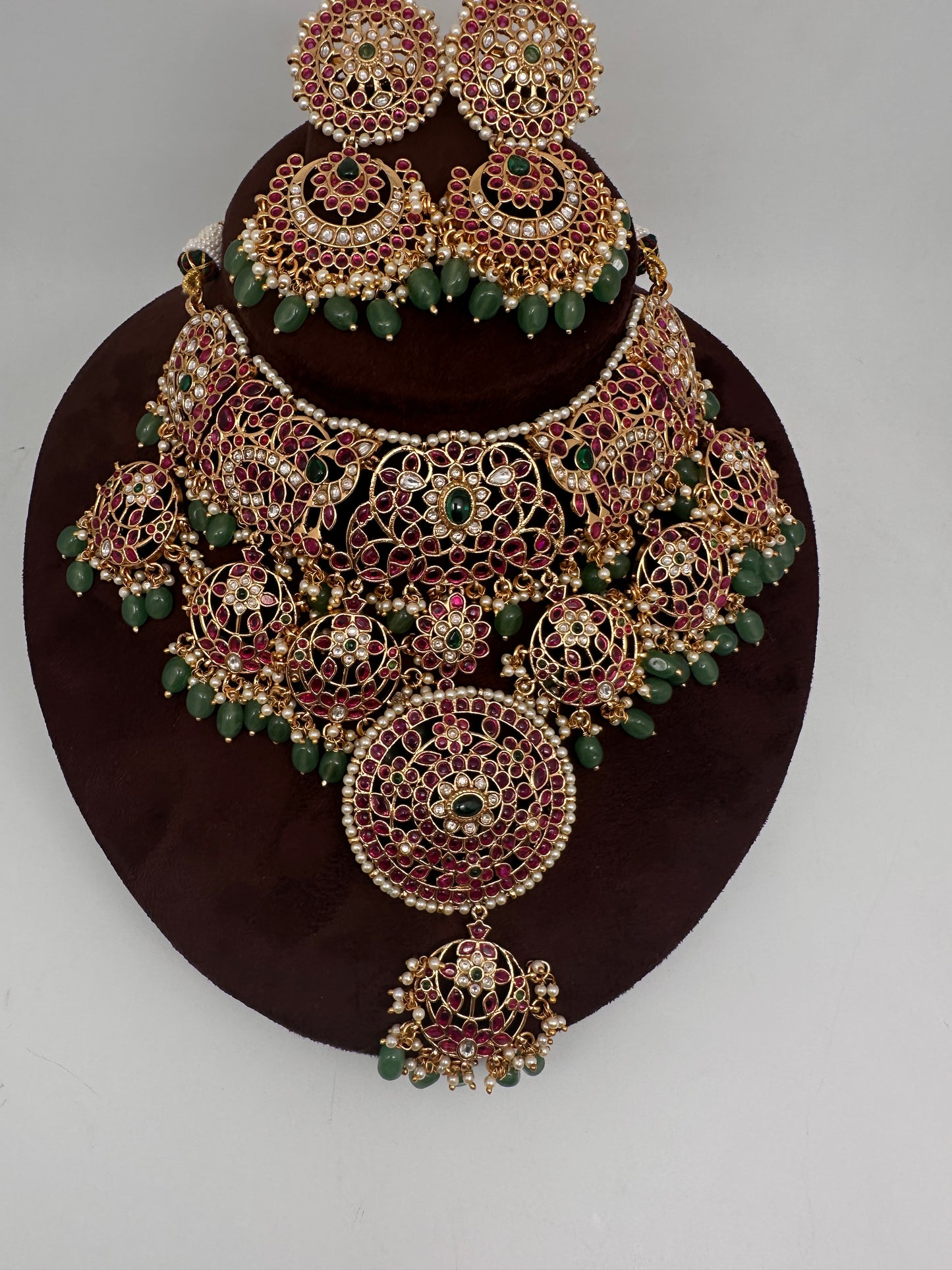 Jadau Kundan Potta Stones Statement Short Necklace with Earrings - 