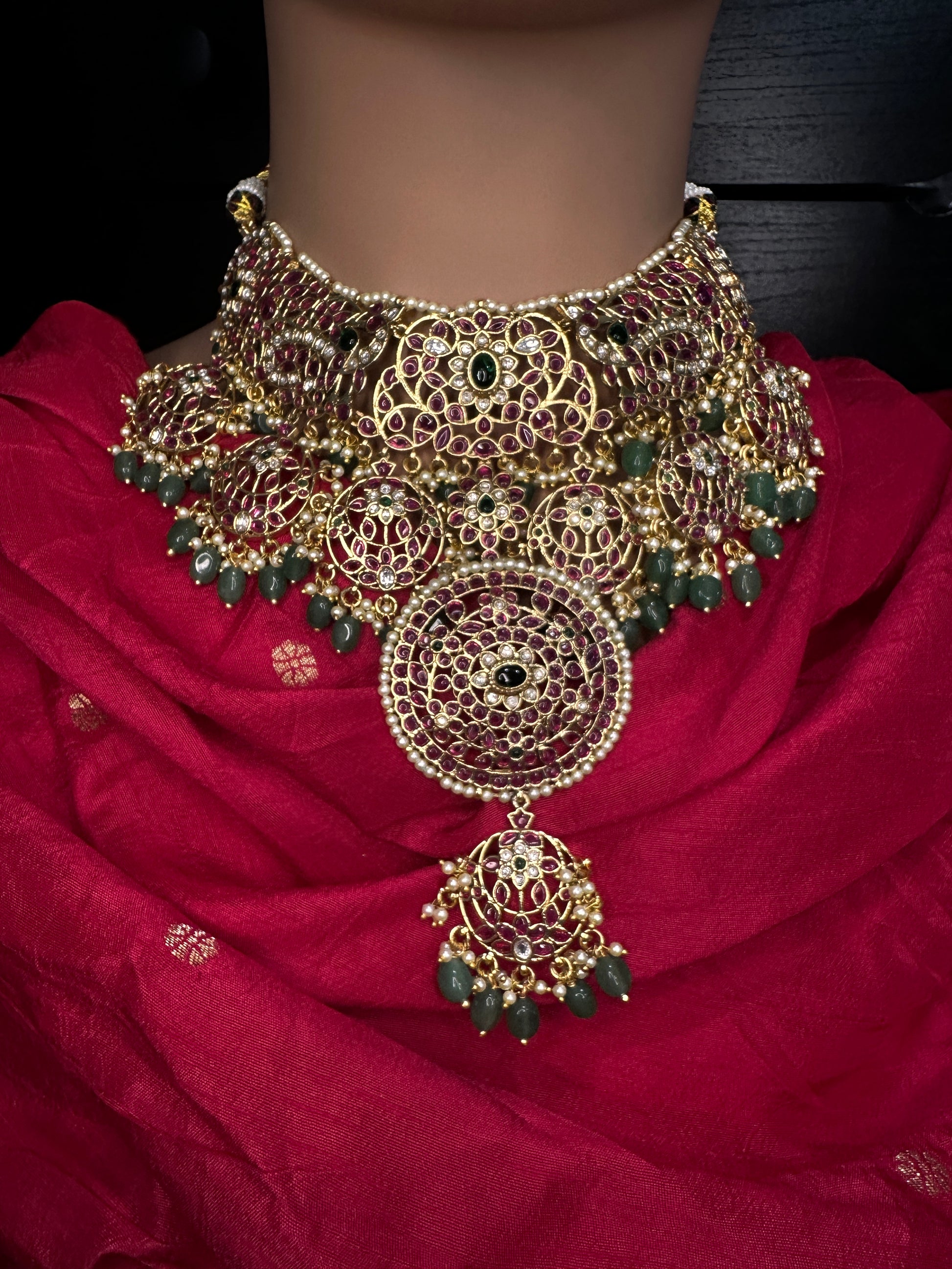 Jadau Kundan Potta Stones Statement Short Necklace with Earrings - 
