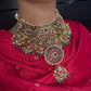 Jadau Kundan Potta Stones Statement Short Necklace with Earrings - 