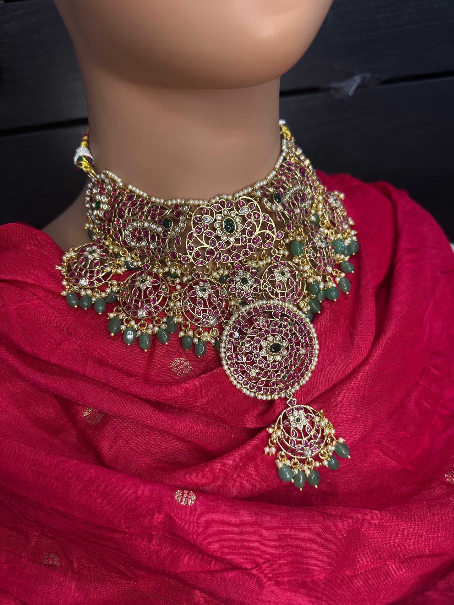 Jadau Kundan Potta Stones Statement Short Necklace with Earrings - 