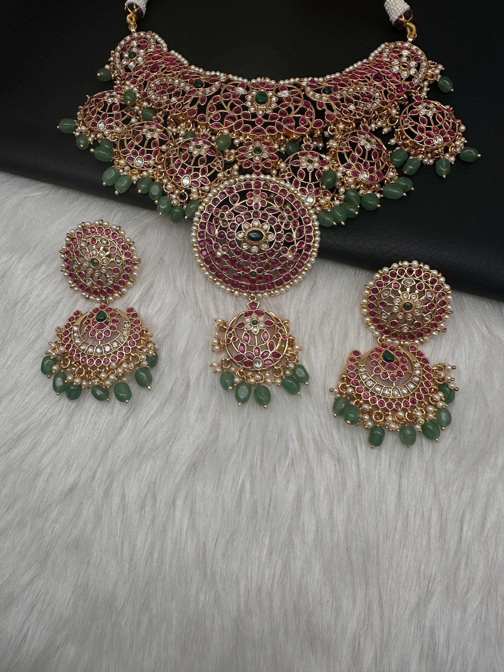 Jadau Kundan Potta Stones Statement Short Necklace with Earrings - 