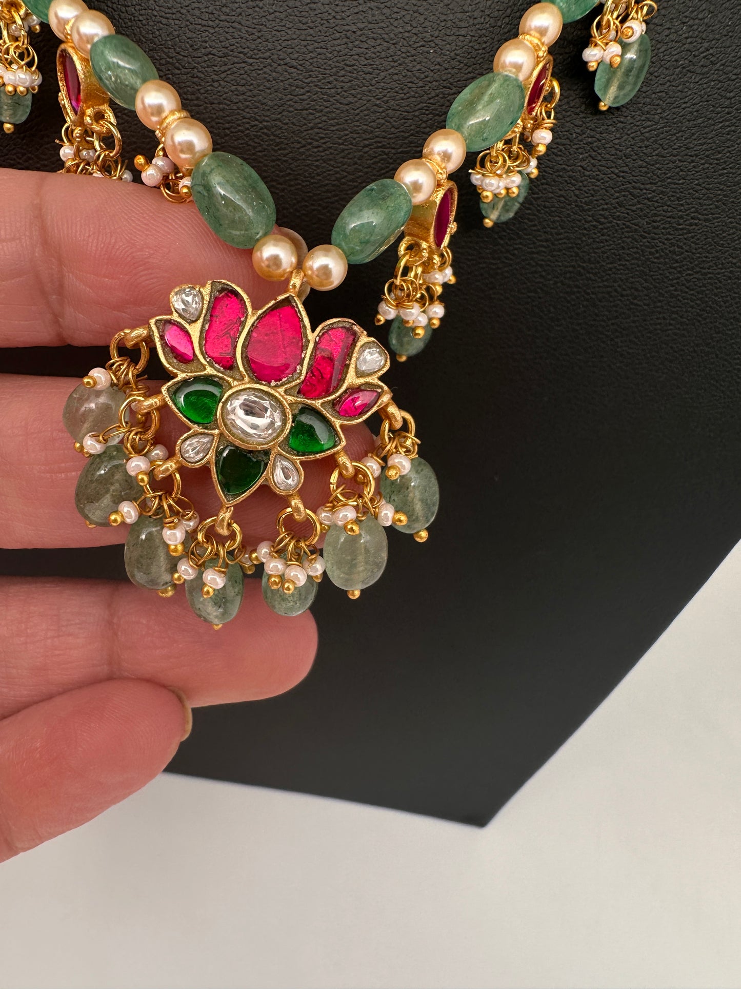 Jadau Kundan Lotus Emerald Beads and Pearls Short Necklace - 