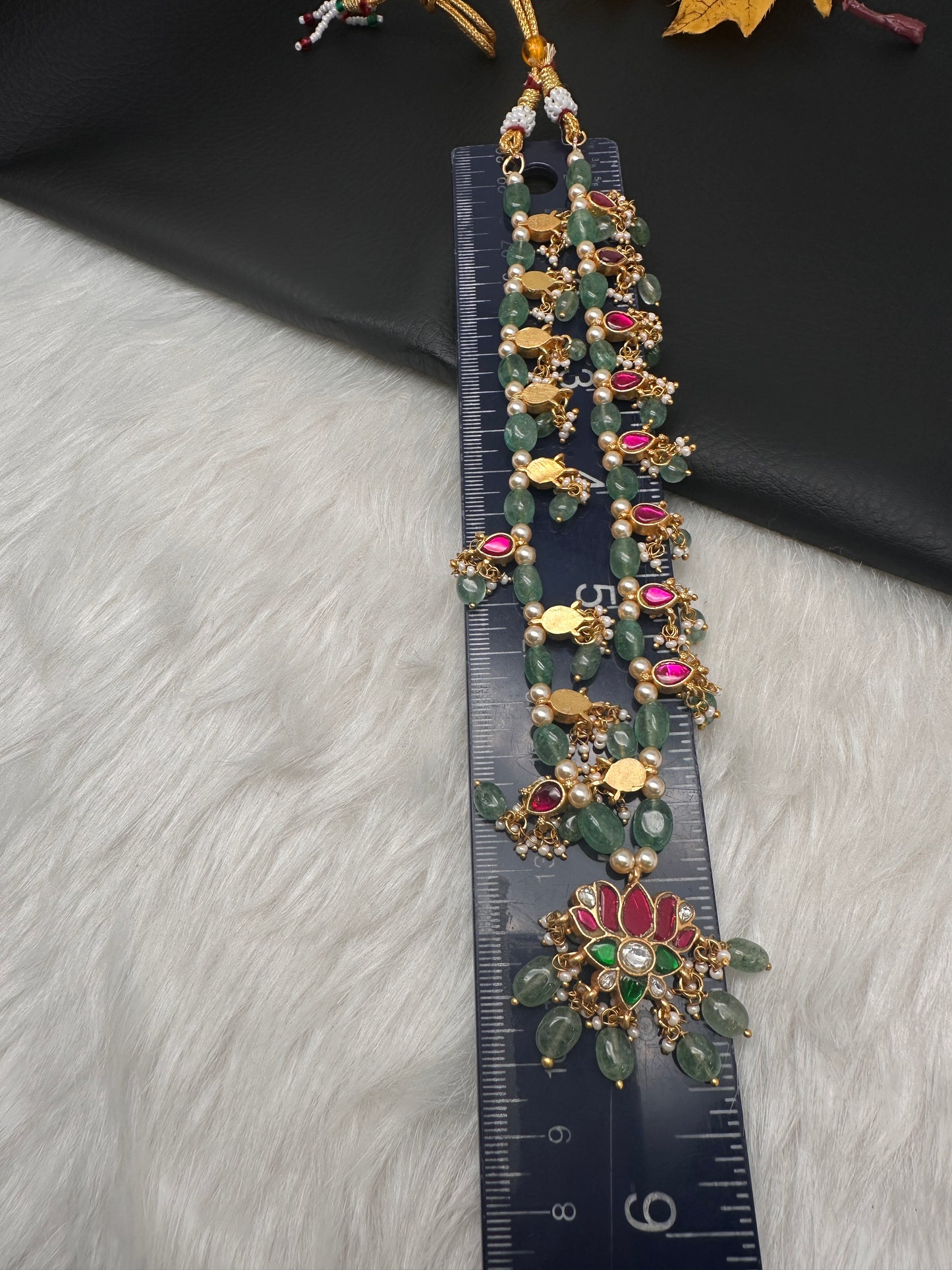 Jadau Kundan Lotus Emerald Beads and Pearls Short Necklace - 
