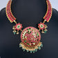 Jadau Kundan Red Short Necklace with Emerald Beads and Pearls - 