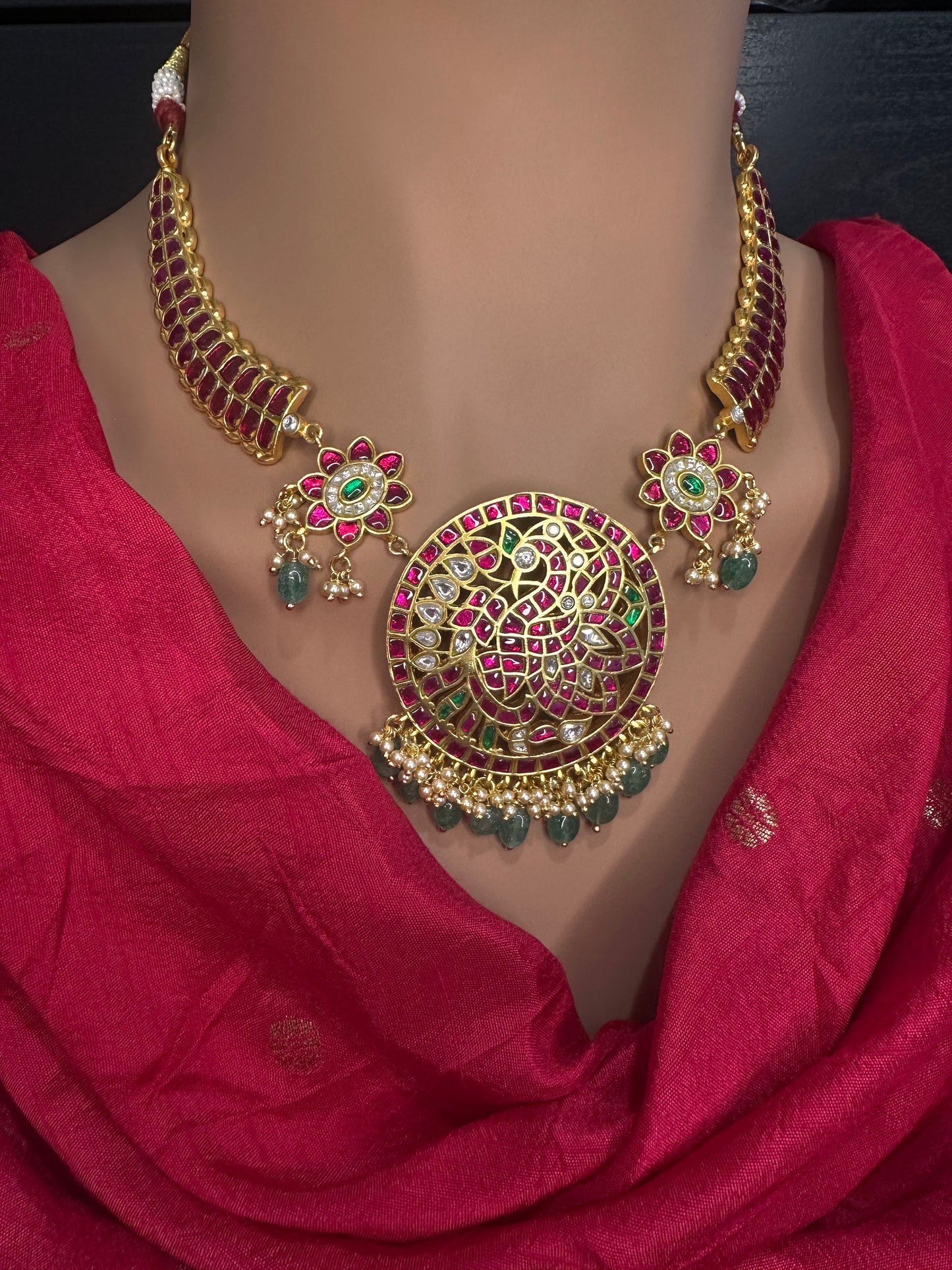 Jadau Kundan Red Short Necklace with Emerald Beads and Pearls - 
