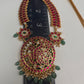 Jadau Kundan Red Short Necklace with Emerald Beads and Pearls - 