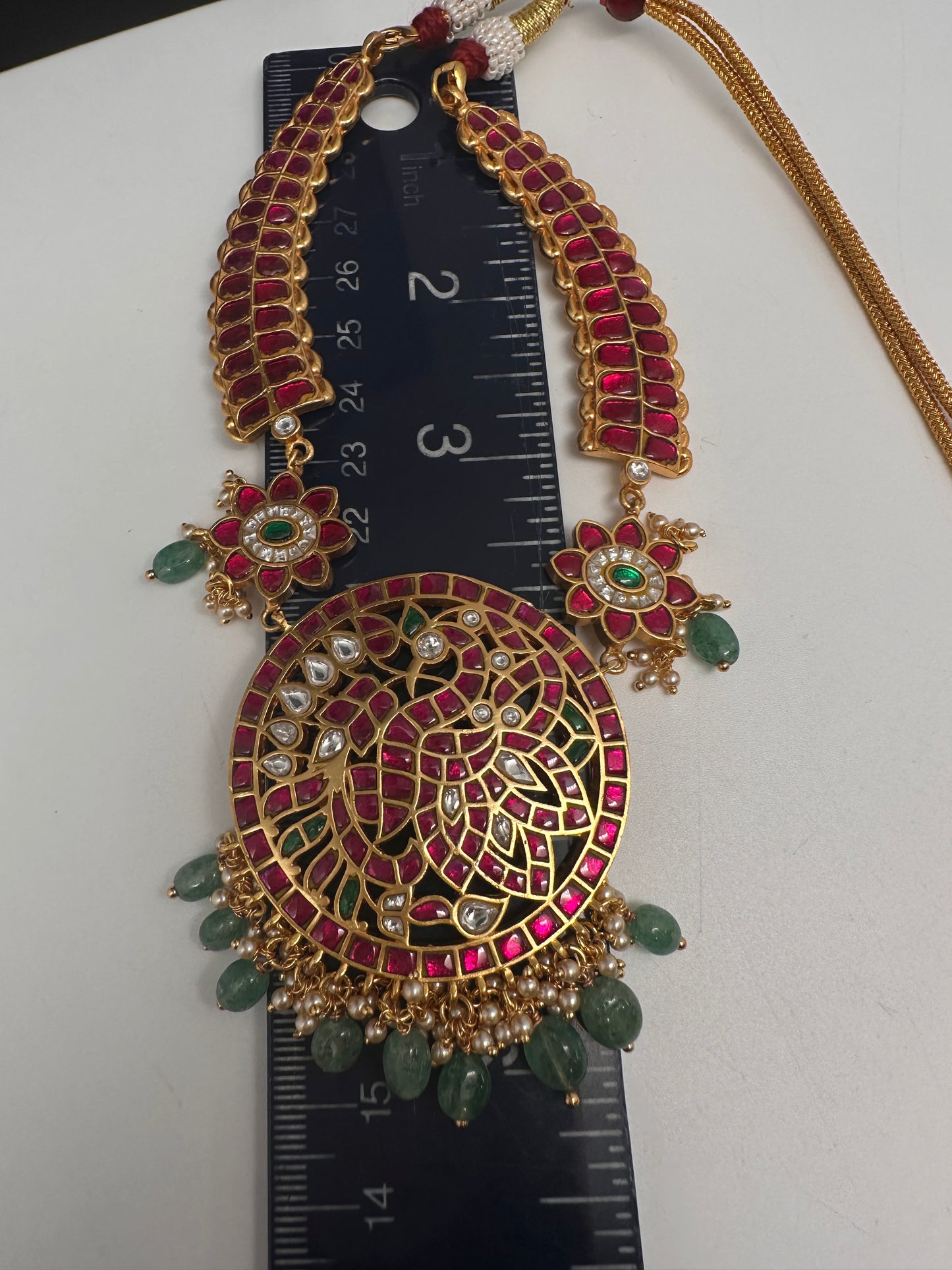 Jadau Kundan Red Short Necklace with Emerald Beads and Pearls - 