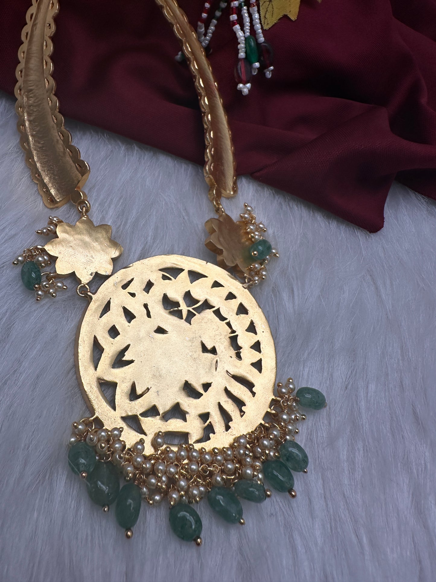 Jadau Kundan Red Short Necklace with Emerald Beads and Pearls - 