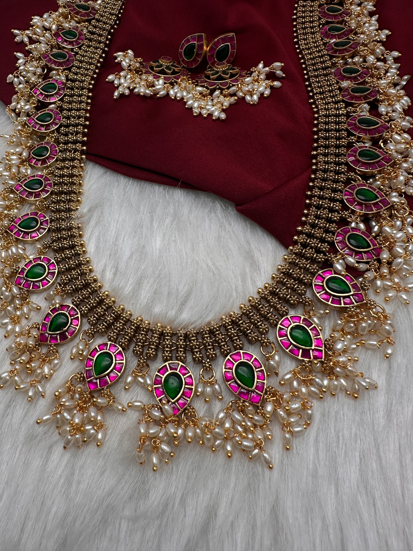 Jadau Kundan Potta Stones Long  Guttapusalu Rice Pearls Matte Antique Necklace - 