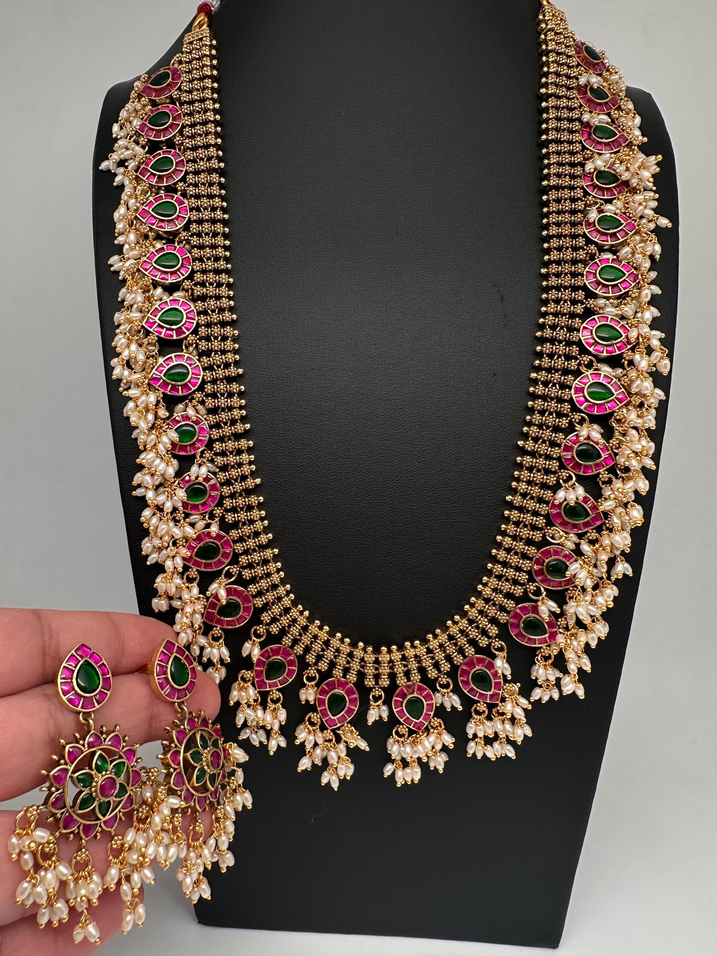 Jadau Kundan Potta Stones Long  Guttapusalu Rice Pearls Matte Antique Necklace - 