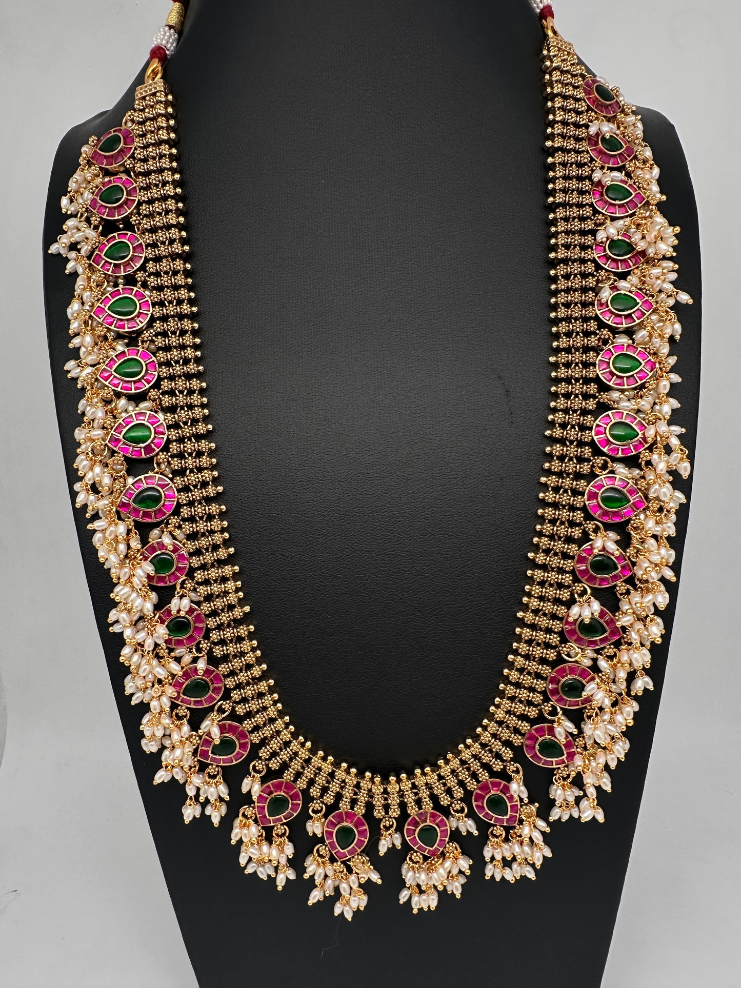 Jadau Kundan Potta Stones Long  Guttapusalu Rice Pearls Matte Antique Necklace - 