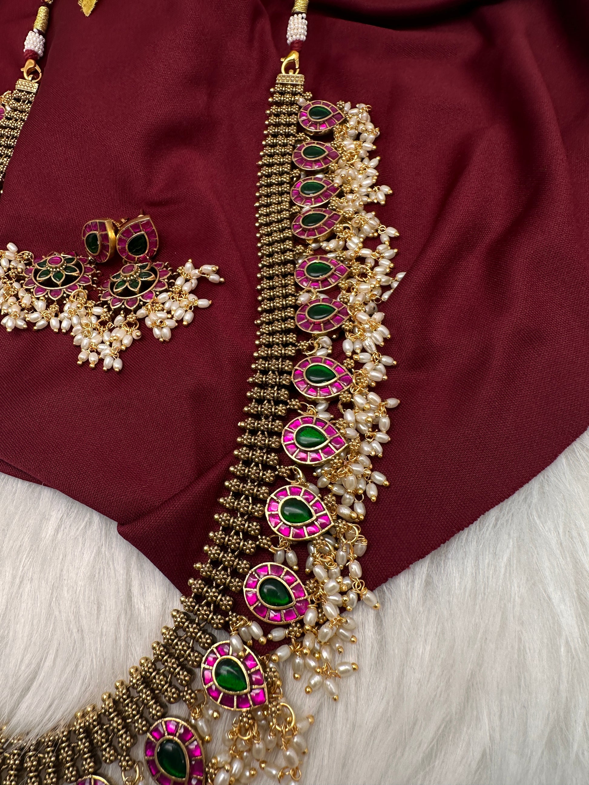 Jadau Kundan Potta Stones Long  Guttapusalu Rice Pearls Matte Antique Necklace - 