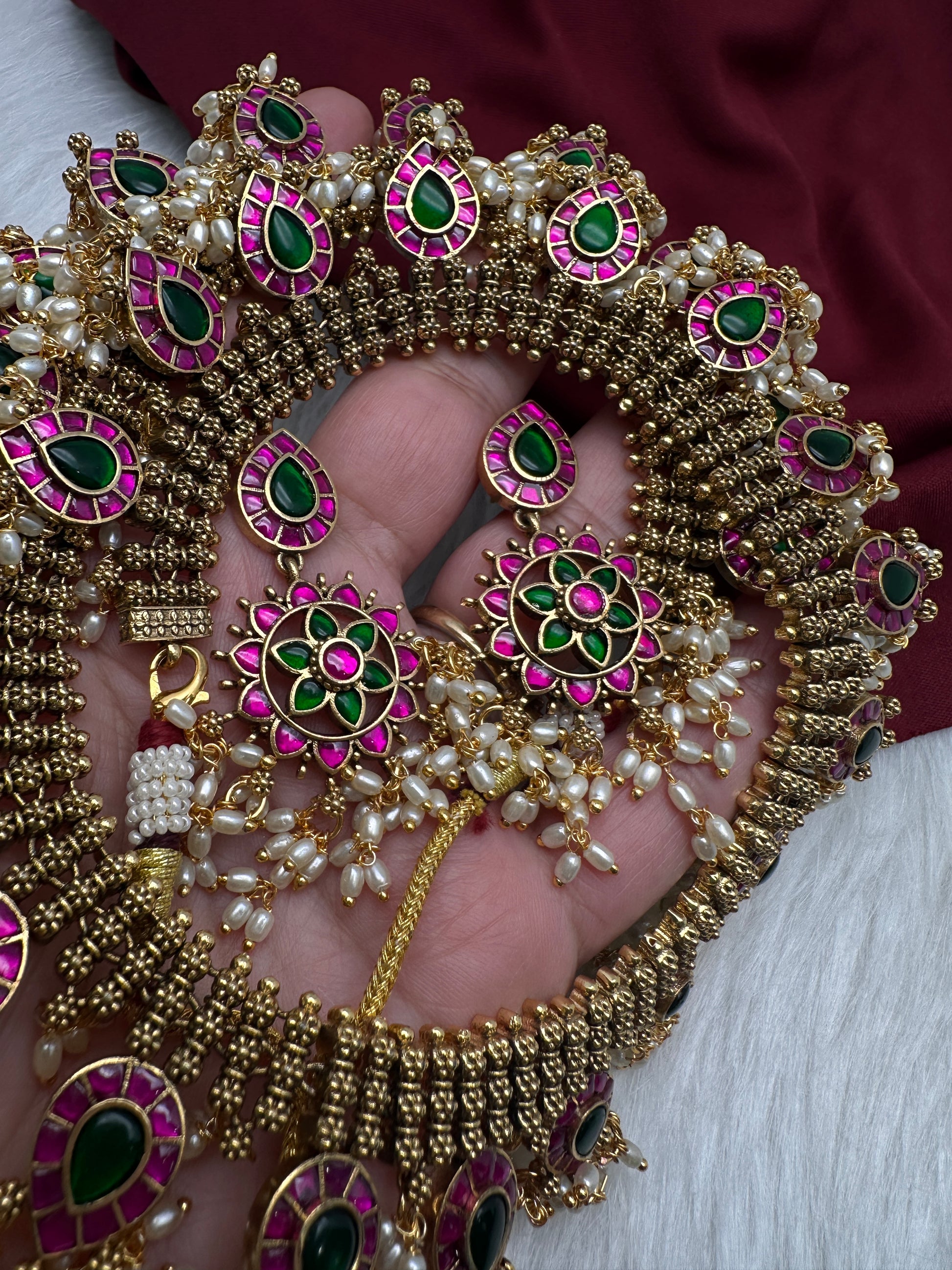 Jadau Kundan Potta Stones Long  Guttapusalu Rice Pearls Matte Antique Necklace - 