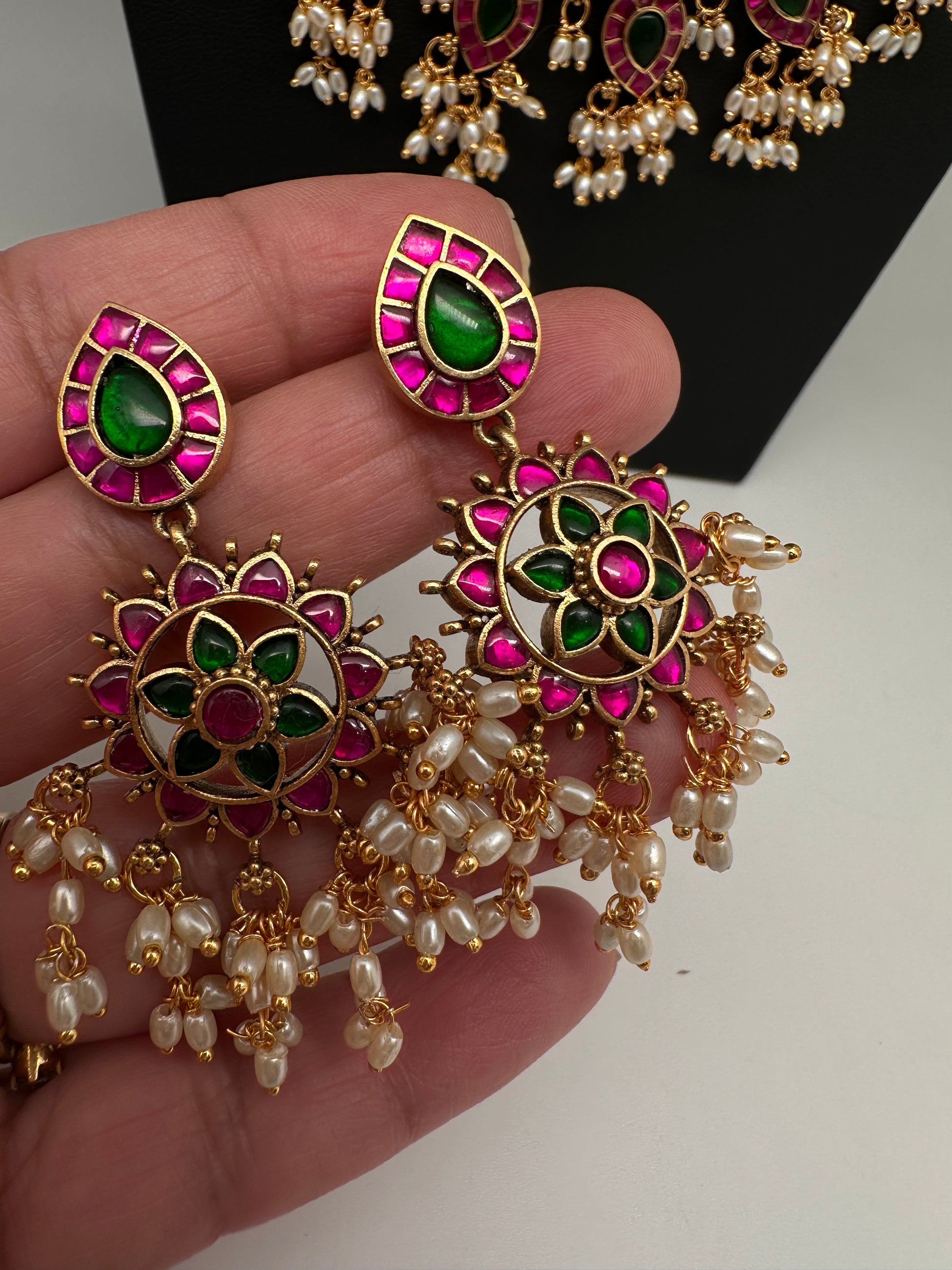 Jadau Kundan Potta Stones Long  Guttapusalu Rice Pearls Matte Antique Necklace - 