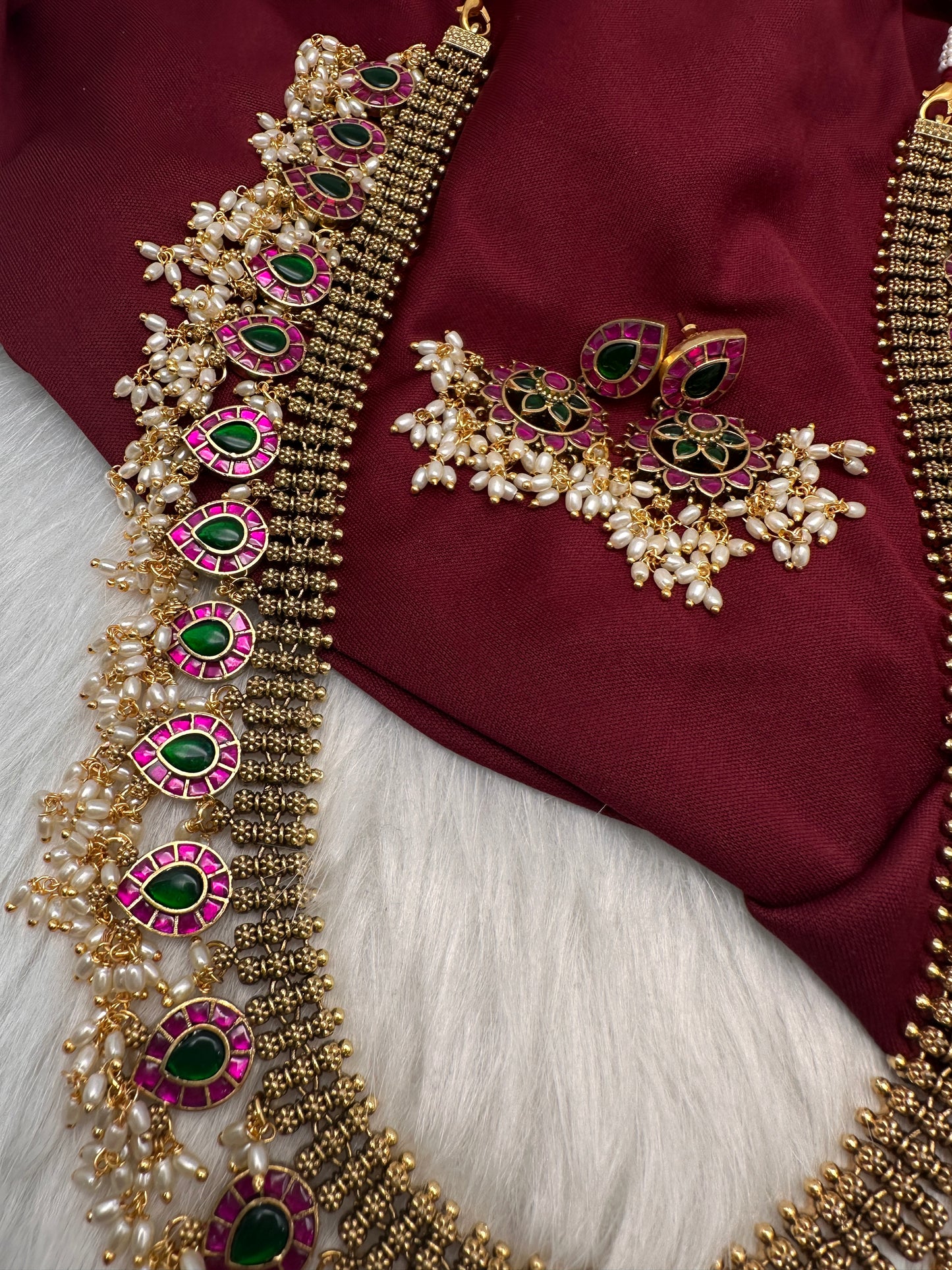 Jadau Kundan Potta Stones Long  Guttapusalu Rice Pearls Matte Antique Necklace - 
