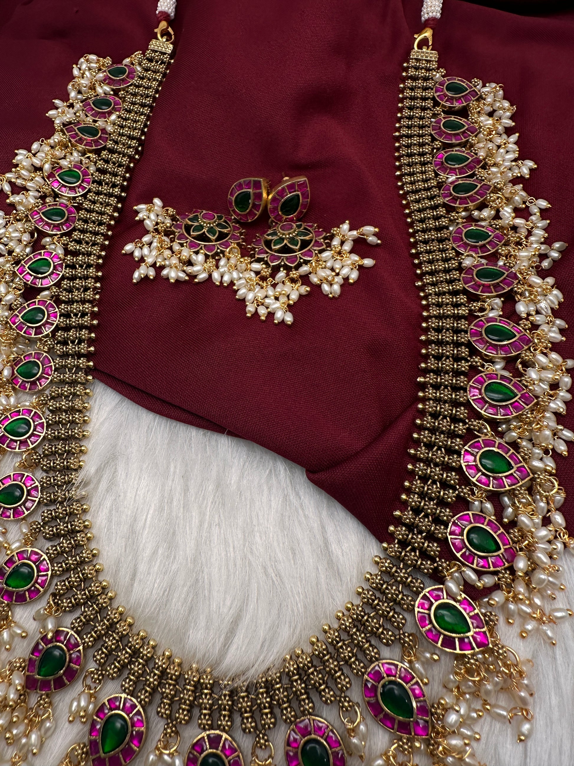 Jadau Kundan Potta Stones Long  Guttapusalu Rice Pearls Matte Antique Necklace - 